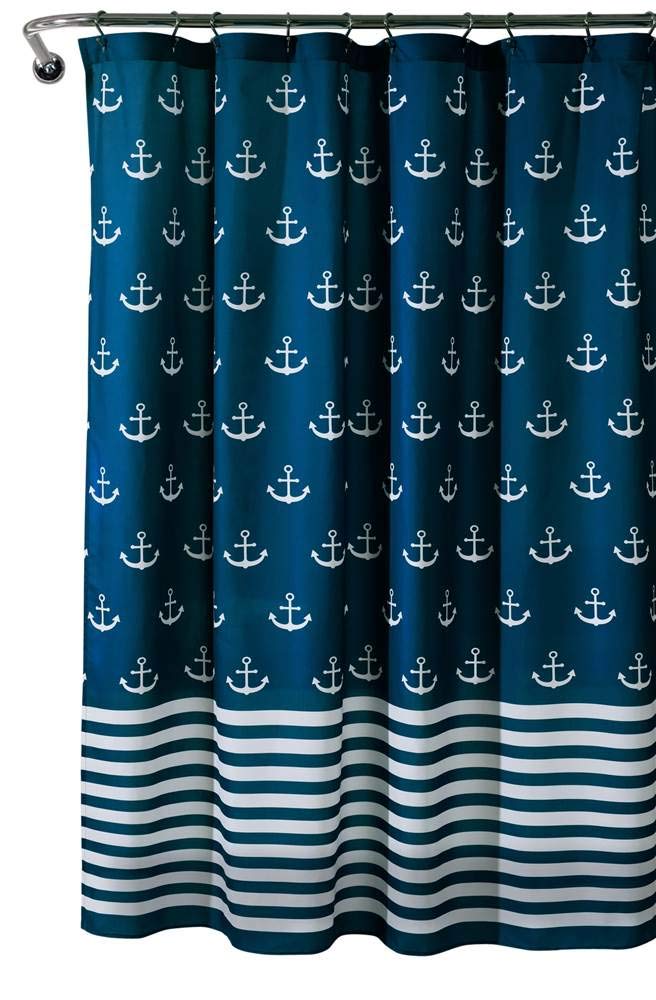 Lush Decor Shower Curtain, Beach-Themed Bathroom Accessories (Navy Blue, Anchor Print) 72' X 72'