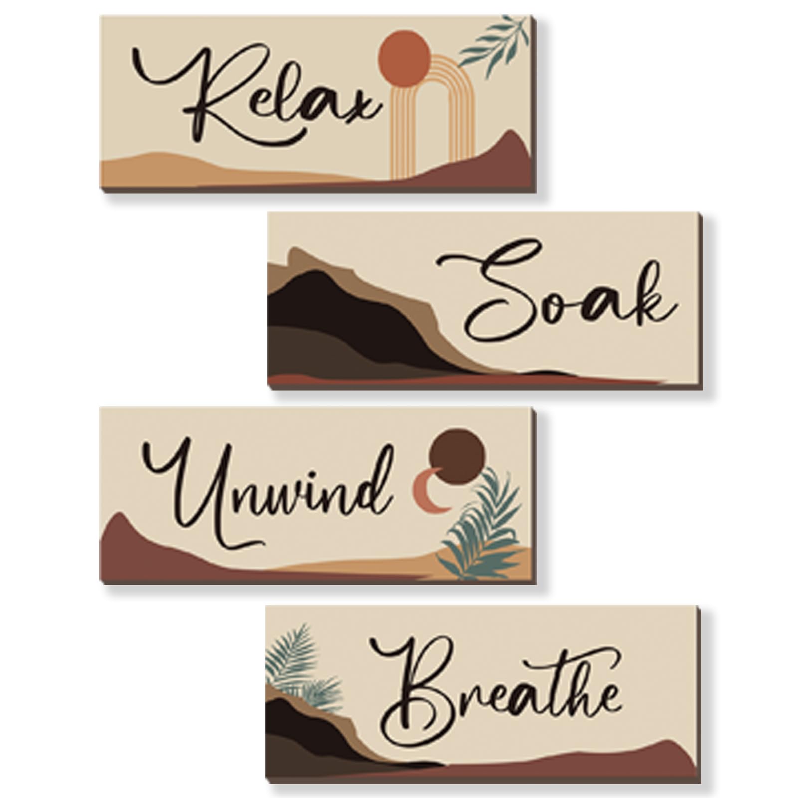 4 Pcs Boho Bathroom Decor Boho Wall Decor with Relax Soak Unwind Breathe Relaxing Quotes Bohemian Wooden Hanging Wall Art Farmho