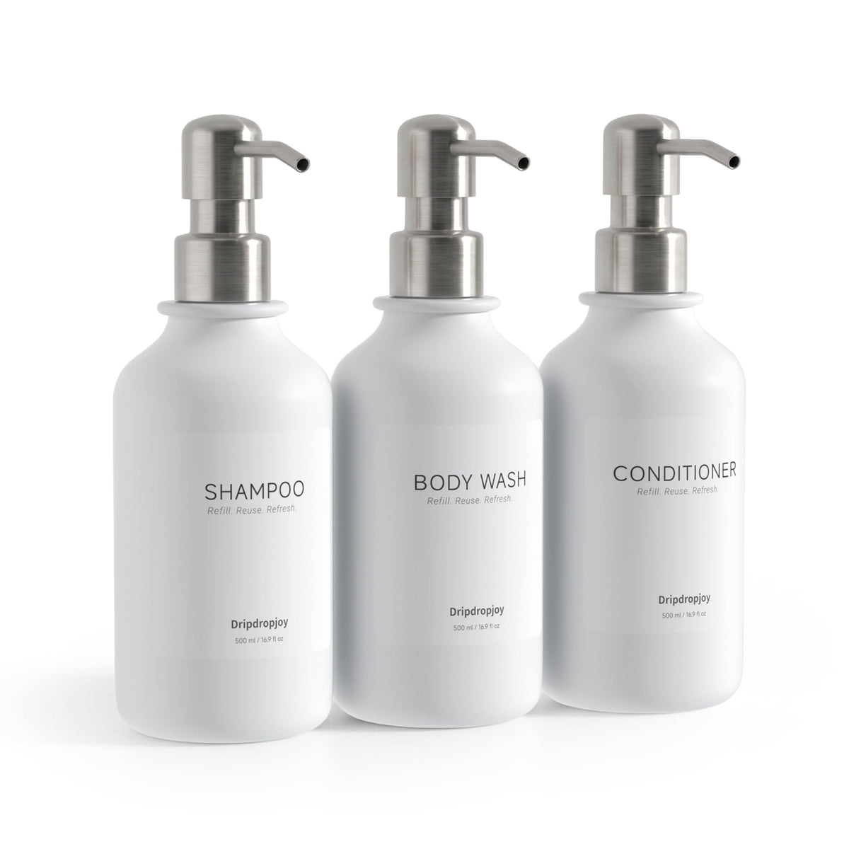 Modern Shampoo and Conditioner Dispenser Set of 3, 17oz Refillable Shower Soap Bottles with Stainless Steel Pumps & Waterproof L