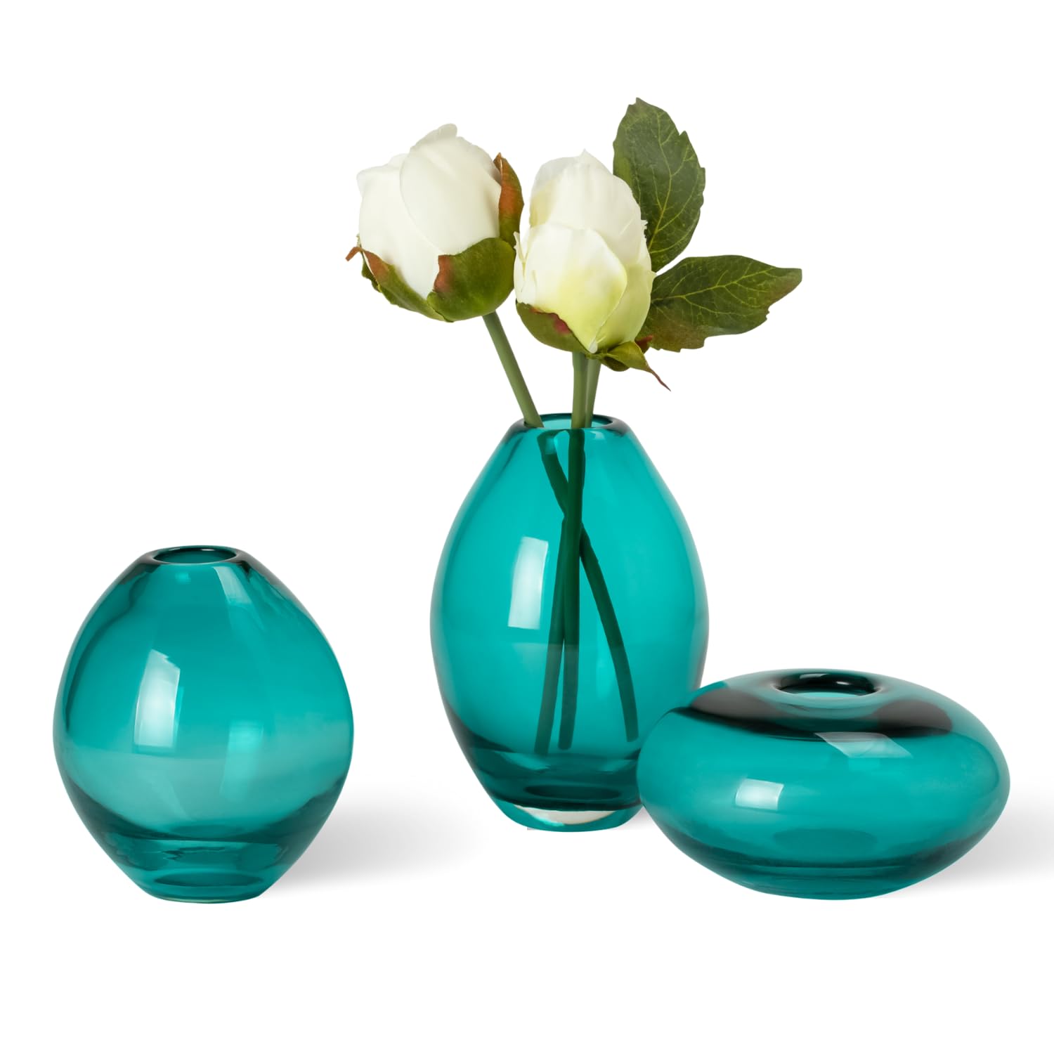 Torre & Tagus Mini Glass Vases | Art Glass Bud Vase Set of 3 Small Flower Vases for Home Decor, Dark Teal Vase for Table Decor, 