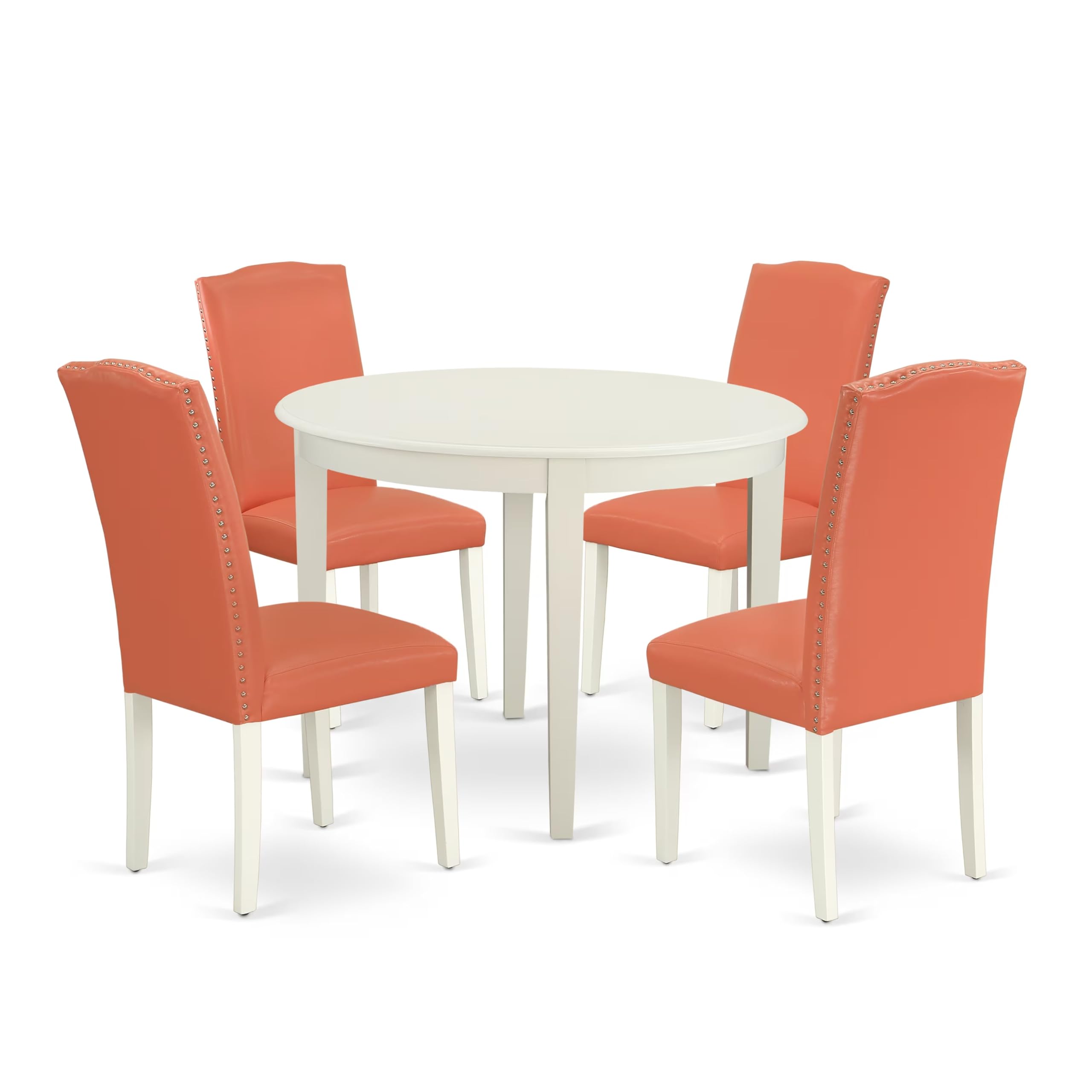 East West Furniture Boen5-Lwh-78 5 Piece Dinette Set For 4 Includes A Round Kitchen Dining Table And 4 Pink Flamingo Faux Leather Upholstered Parson Chairs, 42X42 Inch, Linen White