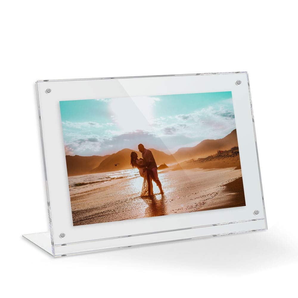 10x8 Acrylic Floating Picture Frame - Table Stand with Chrome Magnetic Front Cover to Easily Change Photos - Made in The USA