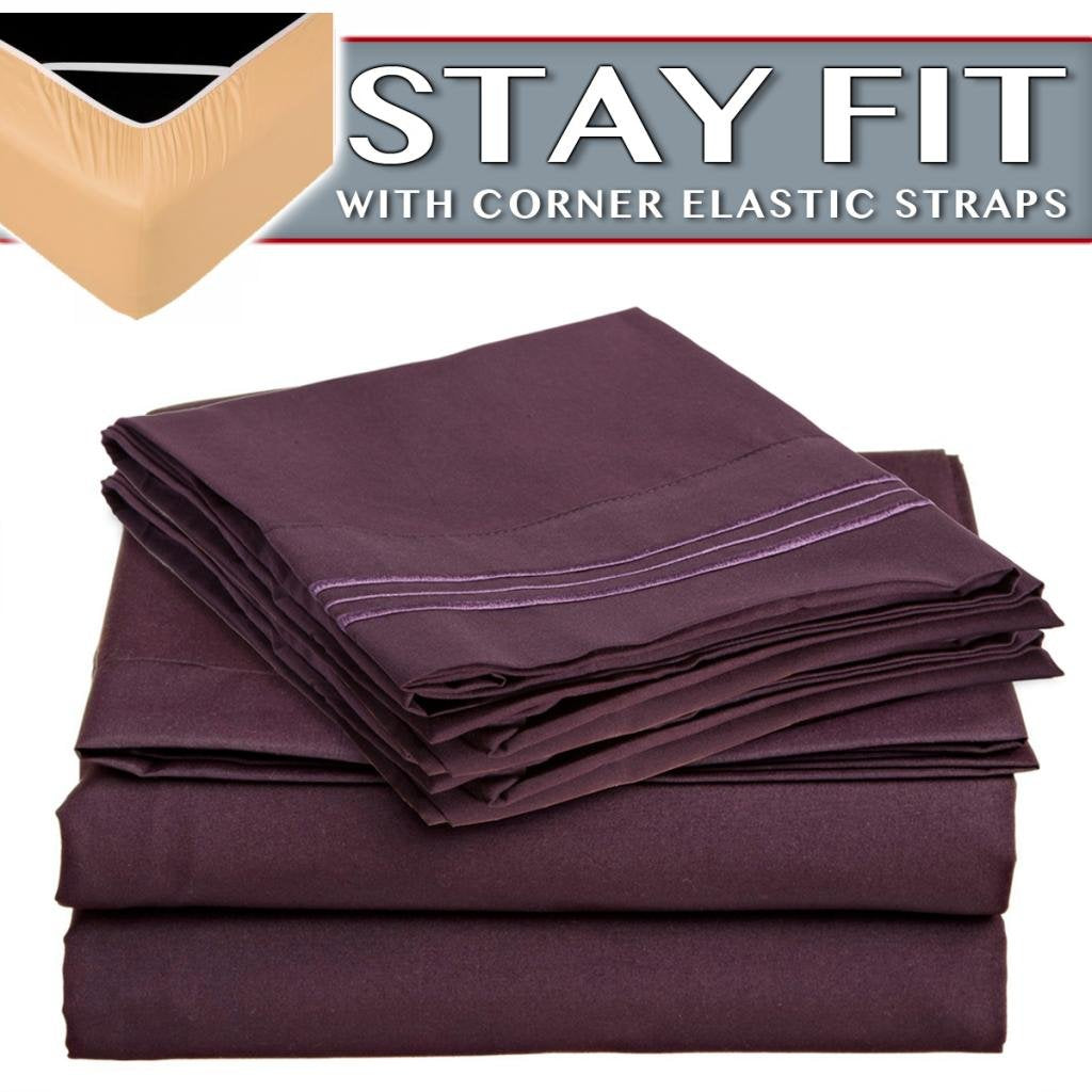 Clara Clark 2000 Series Bed Sheet Sets - Stay Fit On Mattress With Elastic Straps At Corners - Queen, Purple Eggplant