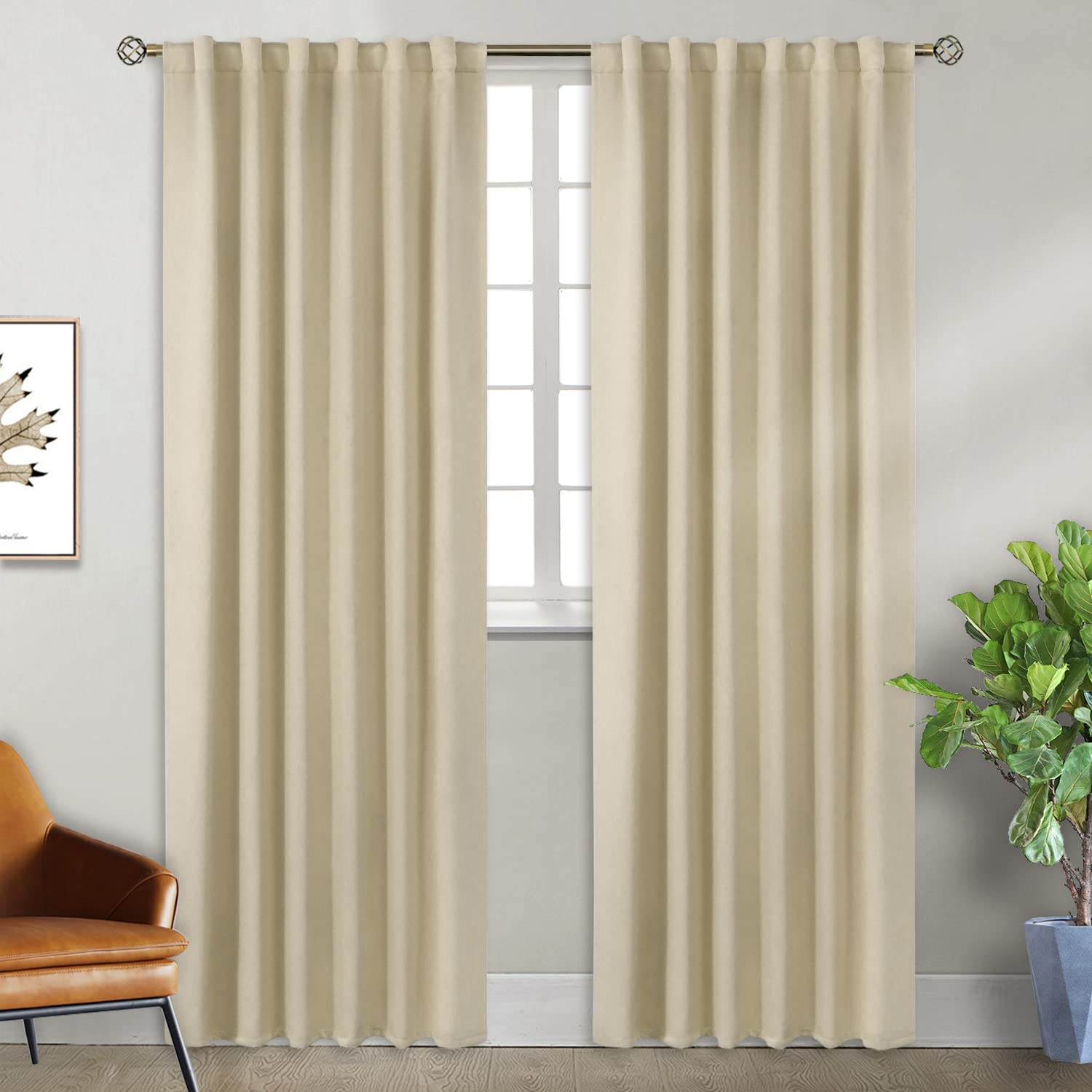 Bgment Rod Pocket And Back Tab Blackout Curtains For Bedroom - Thermal Insulated Room Darkening Curtains For Living Room, 2 Window Curtain Panels (52 X 90 Inch, Beige)