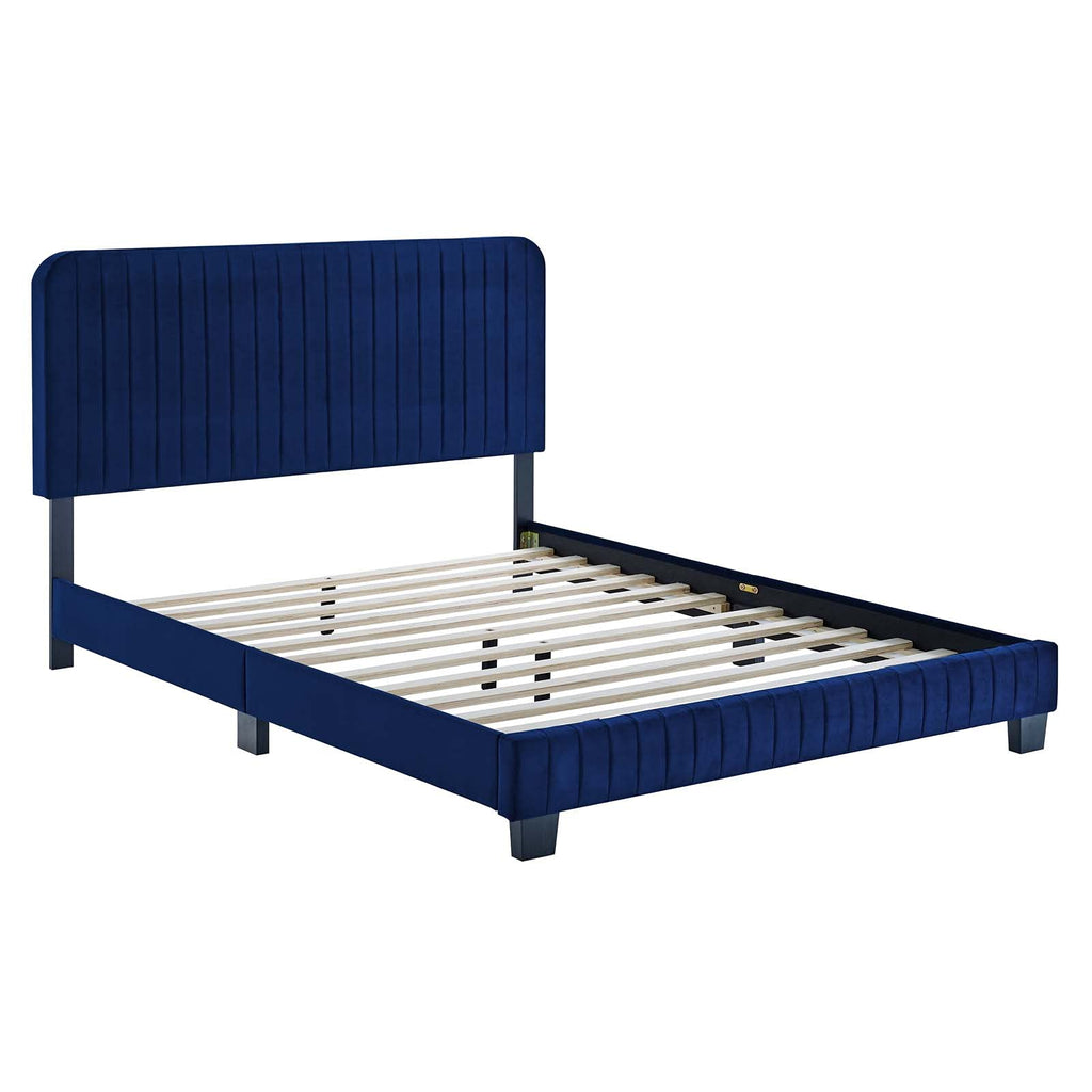 Modway Celine Channel Tufted Performance Velvet Twin Platform Bed in Navy