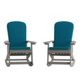 Set of 2 Adirondack Rocking Chairs in Gray with Teal Cushions, Porch, and Patio