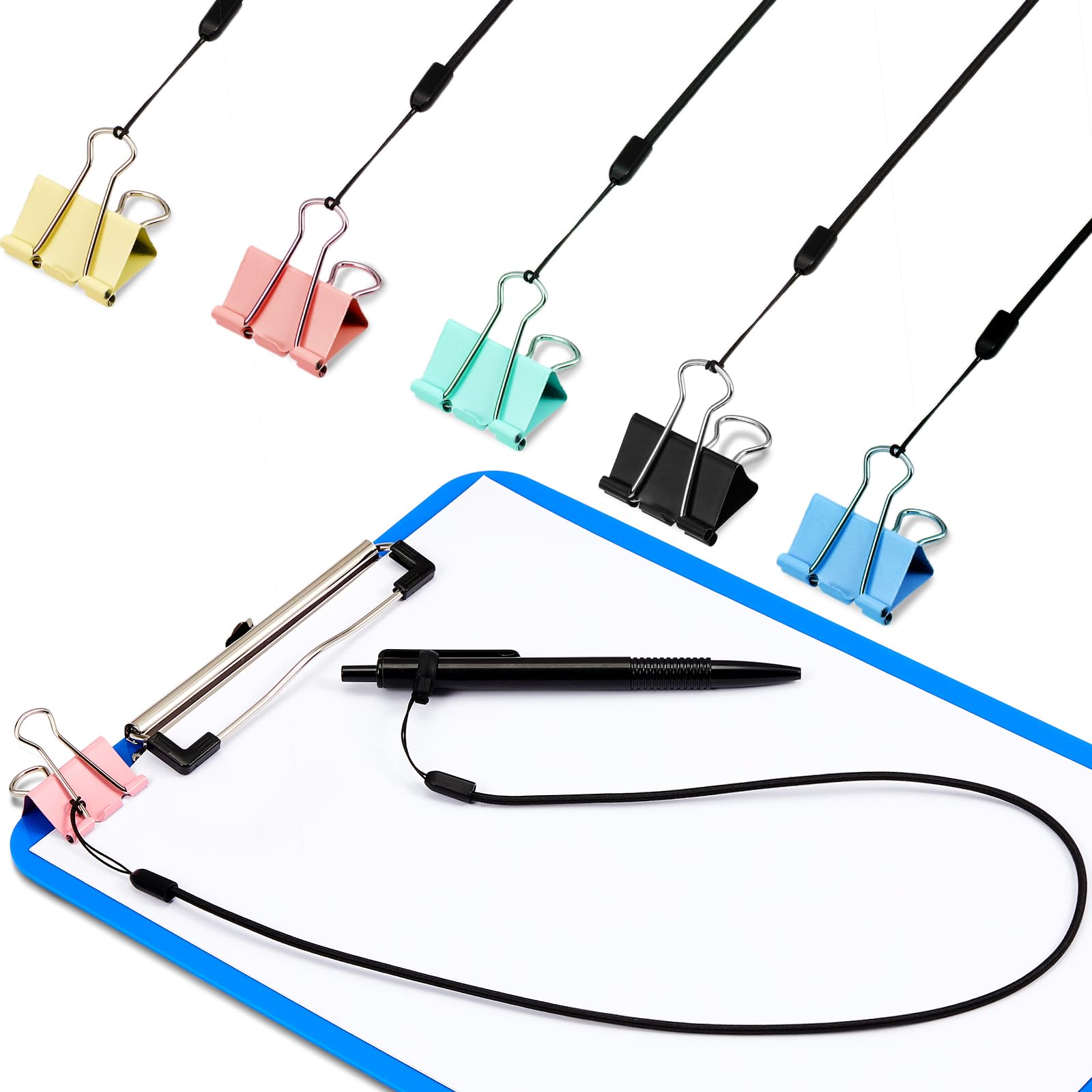Lewtemi 5 Sets 24 Inch Pen Leash Lanyard Holder Pen Silicone Ring Buckle For Office Supplies Clipboard (Black,Clip Style)
