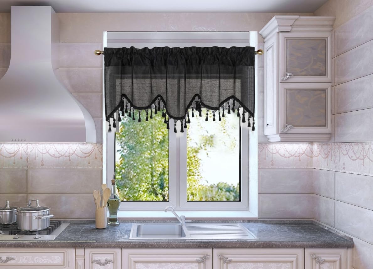 Solid Faux Silk Swag Waterfall Cascade Ascot Window Curtain Valance W/Tassels Trim 55' X18' Wave (1, Black)