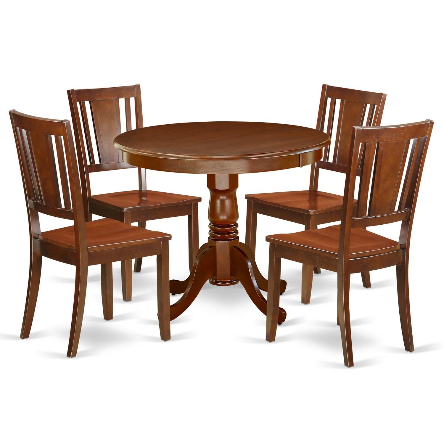 East West Furniture Andu5-Mah-W 5 Piece Kitchen Table & Chairs Set Includes A Round Dining Room Table With Pedestal And 4 Dining Chairs, 36X36 Inch, Mahogany