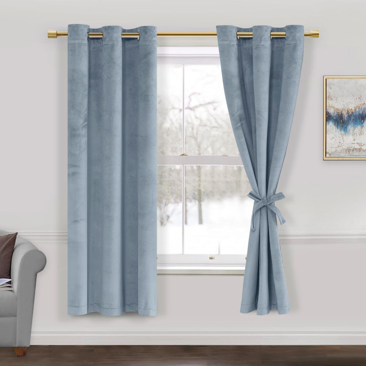 Jiuzhen Stone Blue Velvet Curtains 63 Inches Blackout Curtains For Living Room - Privacy Protect Room Darkening Grommet Thick Ve