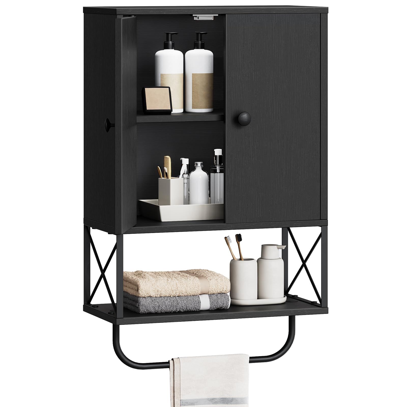 MAHANCRIS Bathroom Wall Cabinet with 2 Door and Adjustable Shelf, Farmhouse Medicine Cabinet with Towel Rack, 3-Tier Wall Mounte