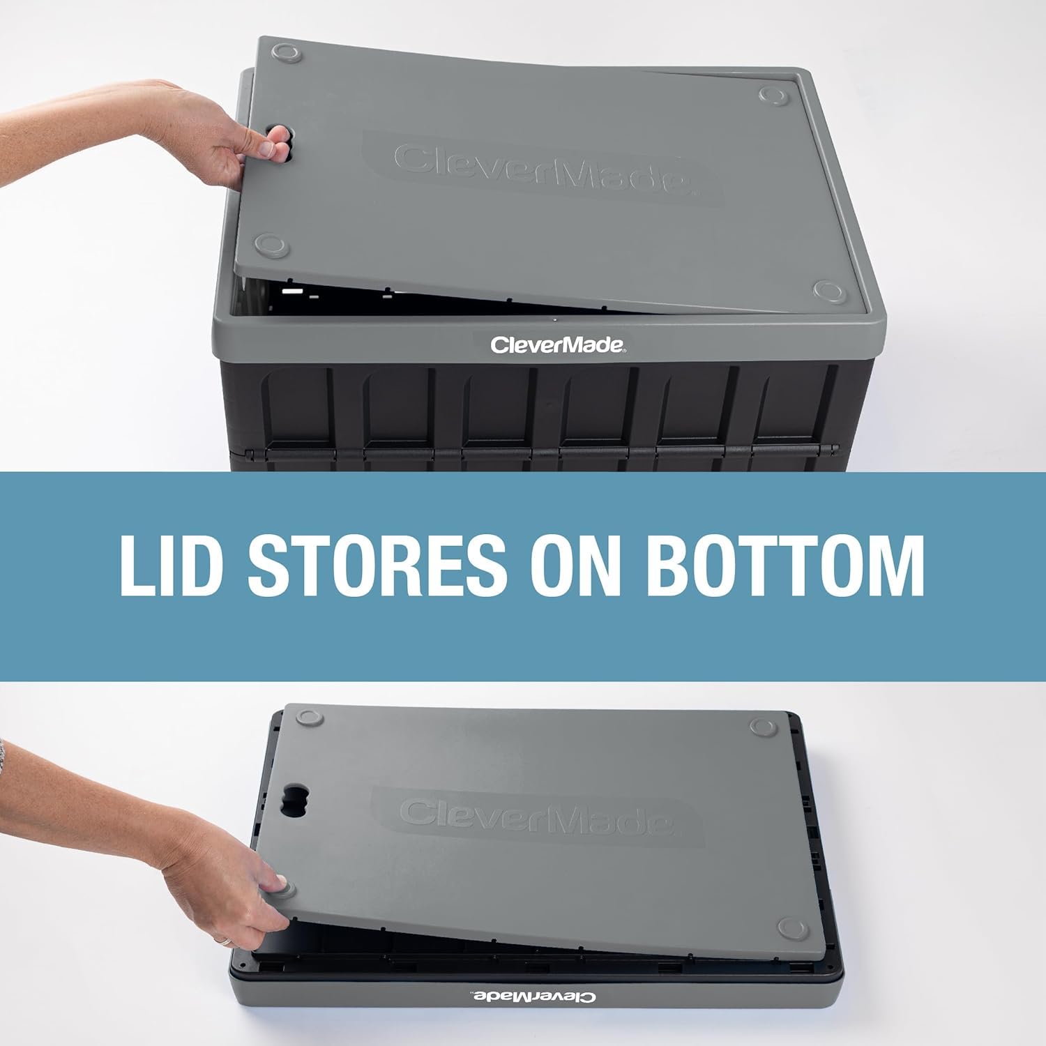 Clevermade Collapsible Storage Bin (With Lid), Stone, 3Pk - 46L (12 Gal) Folding Plastic Stackable Utility Crates, Holds 75Lbs P