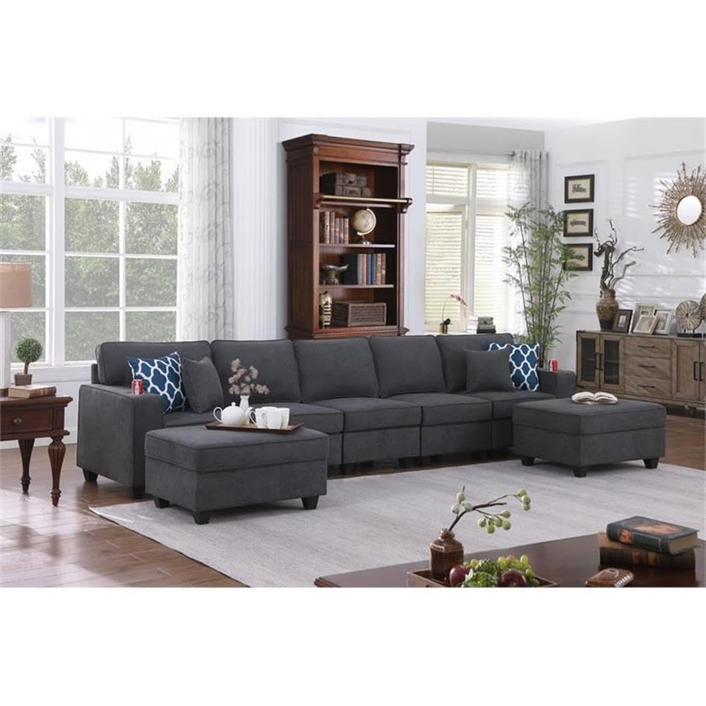 Lilola Home Cooper Stone Gray Woven Fabric 5-Seater Sofa with 2 Ottomans and Cupholder