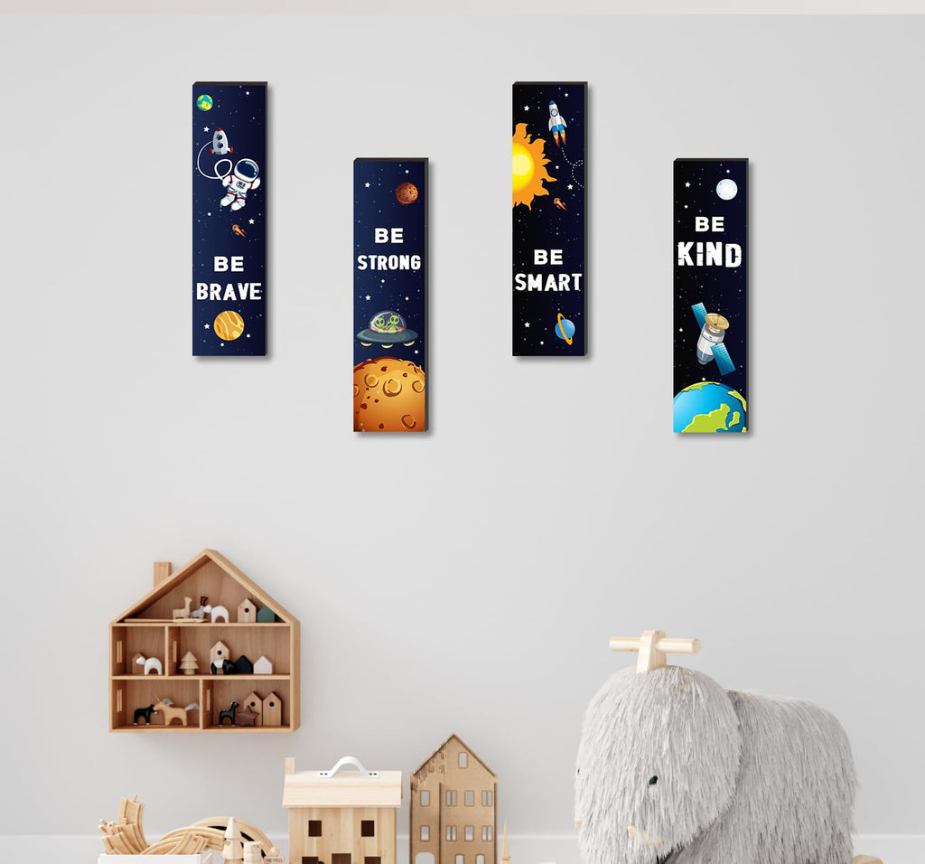 4 Pieces Space Decor Wooden Hanging Wall Plaques, Outer Space Theme Room Wall Art Decor, Boys Bedroom Decor Space Motivational Q