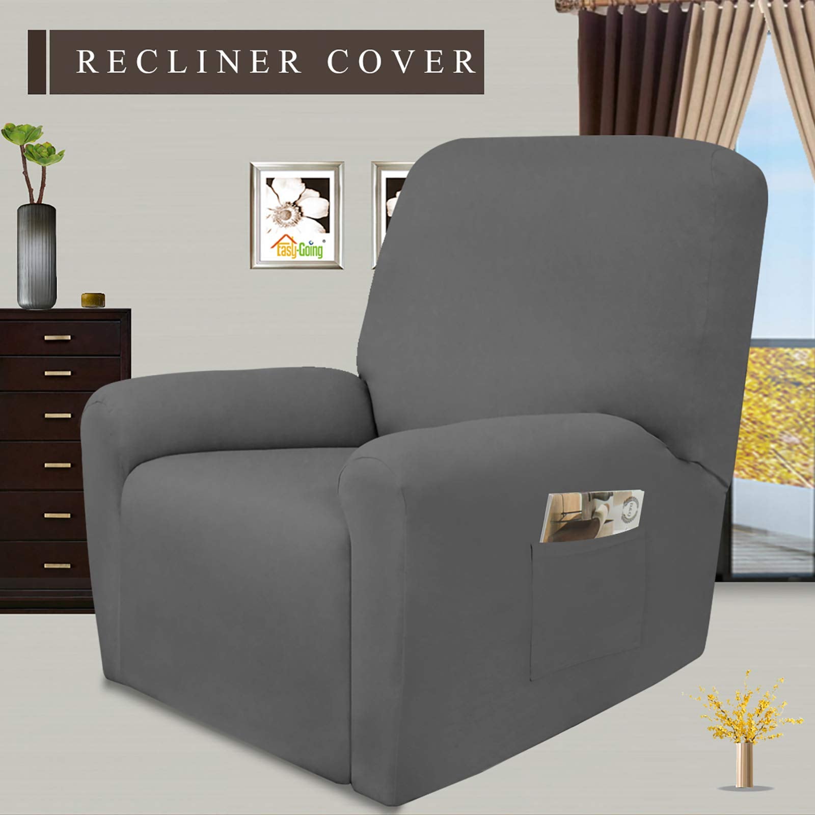 Easy-Going 4 Pieces Microfiber Stretch Recliner Slipcover - Spandex Soft Fitted Sofa Couch Cover, Washable Furniture Protector With Elastic Bottom For Kids, Pet(Recliner, Gray)