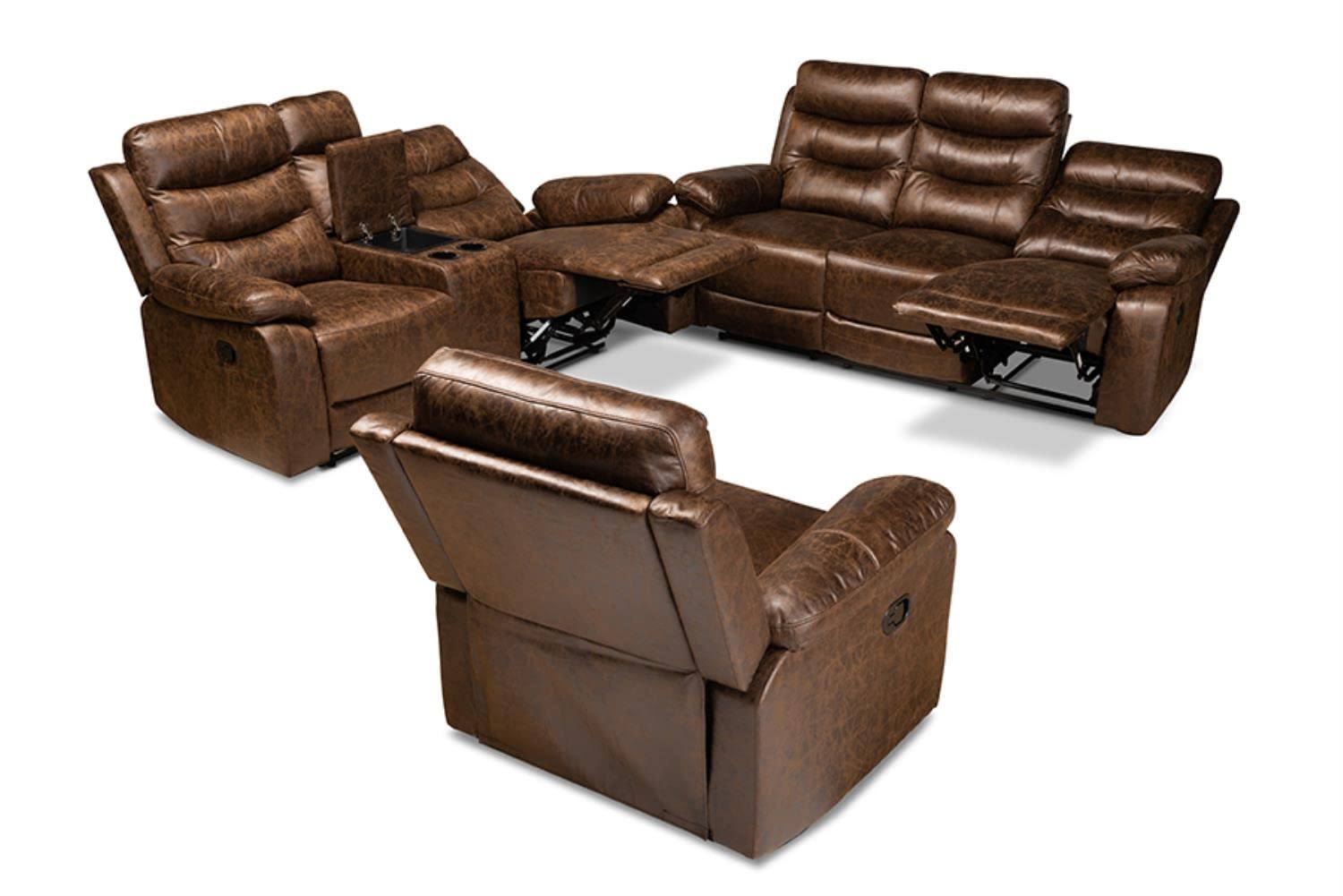 Baxton Studio Beasely Modern and Contemporary Distressed Brown Faux Leather Upholstered 3-Piece Living Room Set
