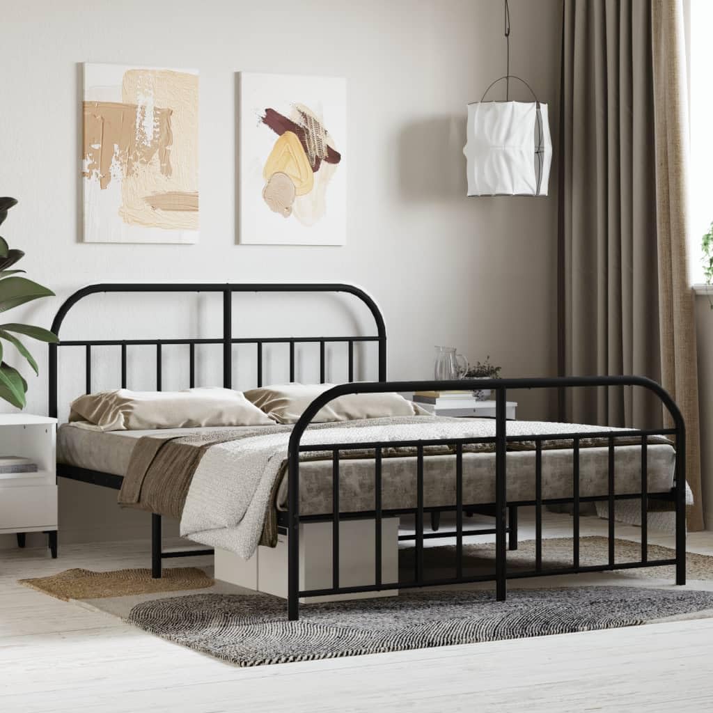 vidaXL Double Bed Frame with Headboard and Footboard in Black | Sturdy Powder-Coated Steel Construction | Complete with Metal Slats and Center Legs | Extra Under-Bed Storage Space