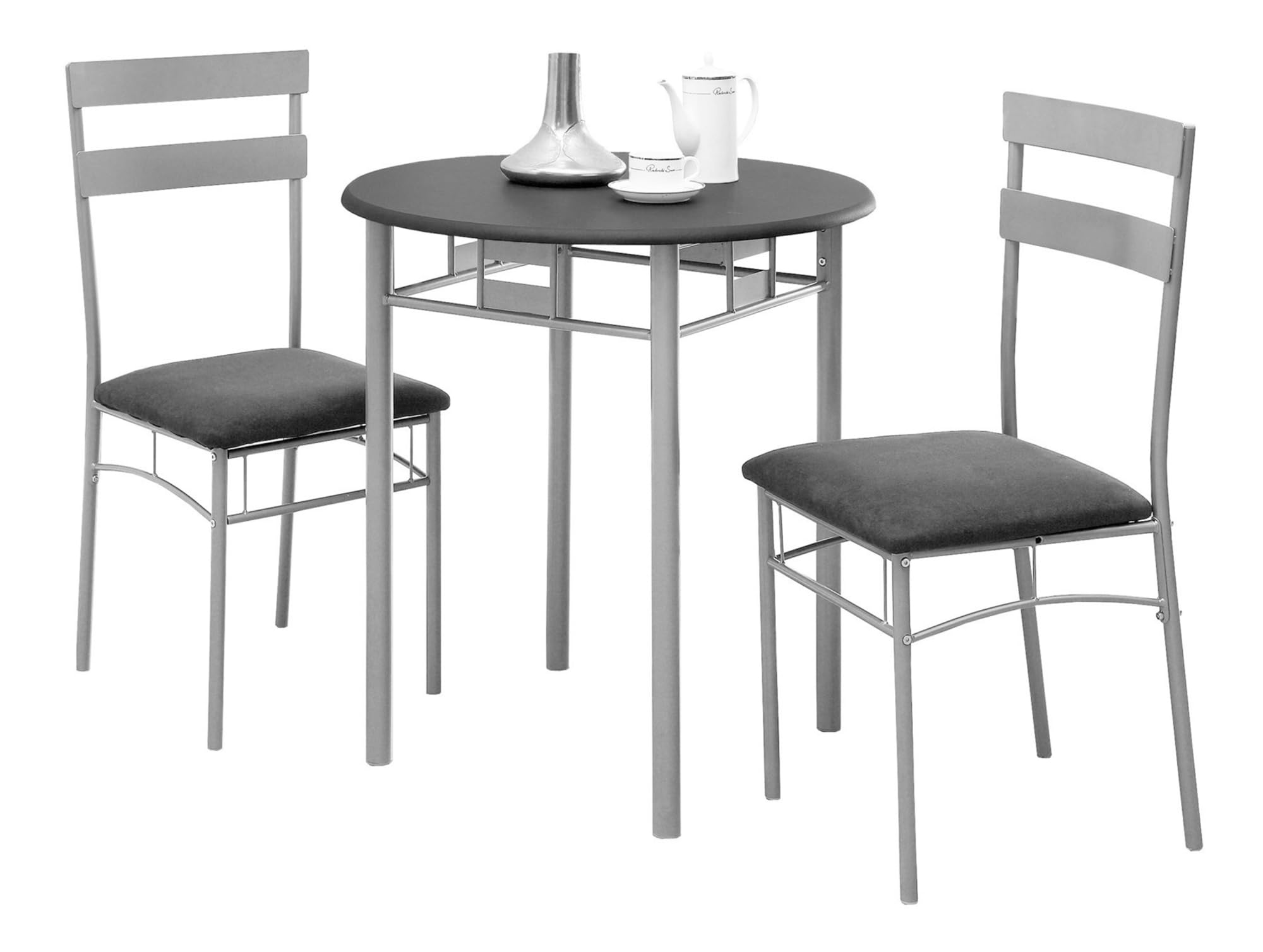 Monarch Specialties 3095 Dining Table, 3Pcs Set, Small, 30&quot; Round, Kitchen, Metal, Laminate, Black, Grey, Contemporary, Modern Set-3Pcs Silver, 30&quot; L X 30&quot; W X 30&quot; H