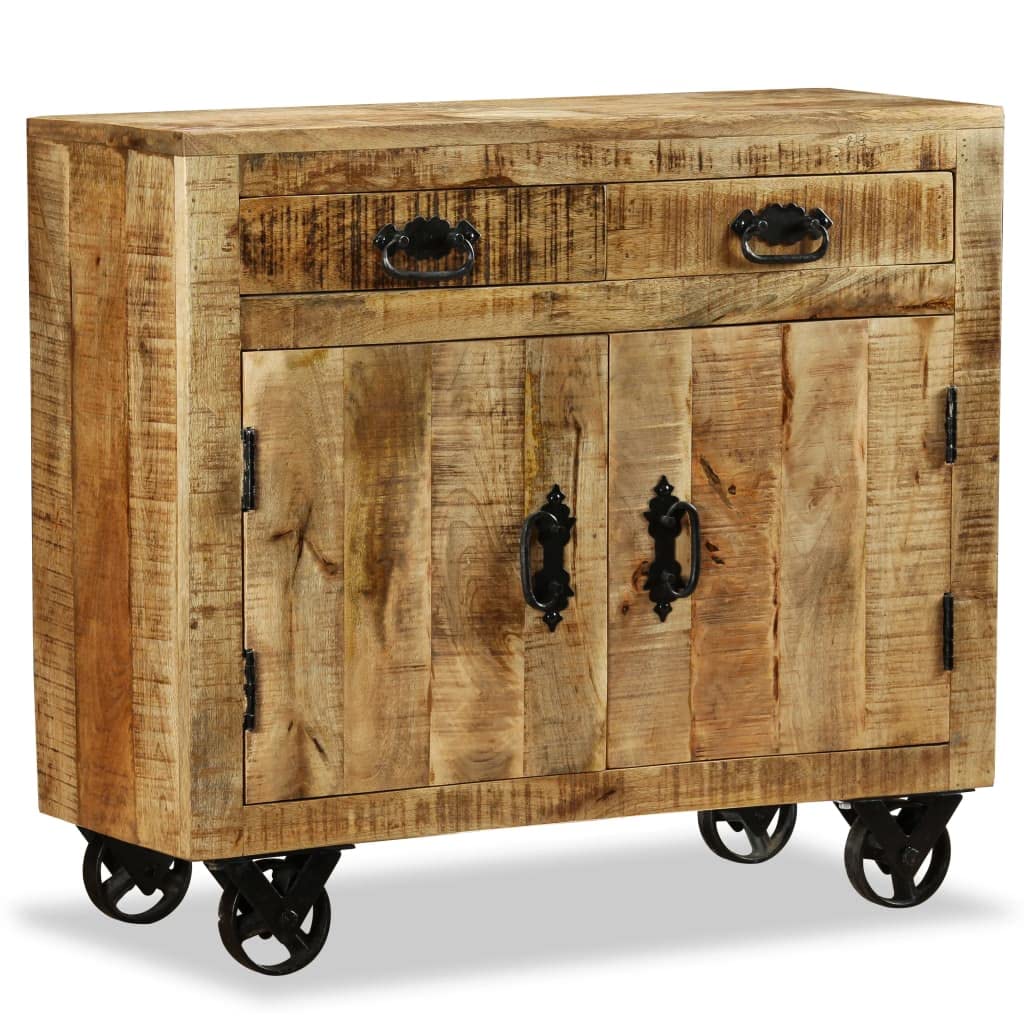 vidaXL Rough Mango Wood Sideboard with 2 Drawers, 1 Cabinet, Wheels & Braking Mechanism - Versatile Industrial Style Storage Cabinet