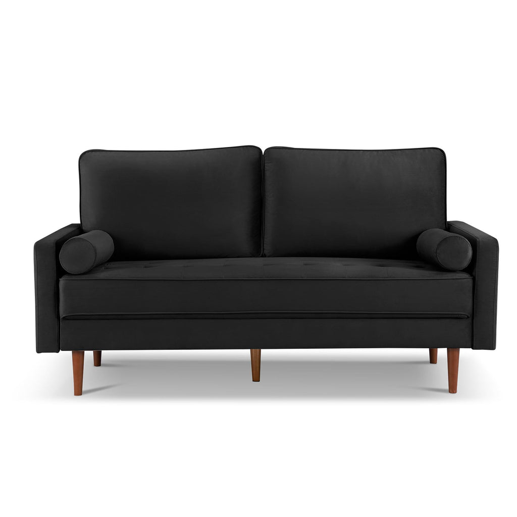 American Furniture Classics Black 69 Inch Wide Upholstered Two Cushion Sofa with Bolster Pillows Velvet, 69" x 32" x 37"
