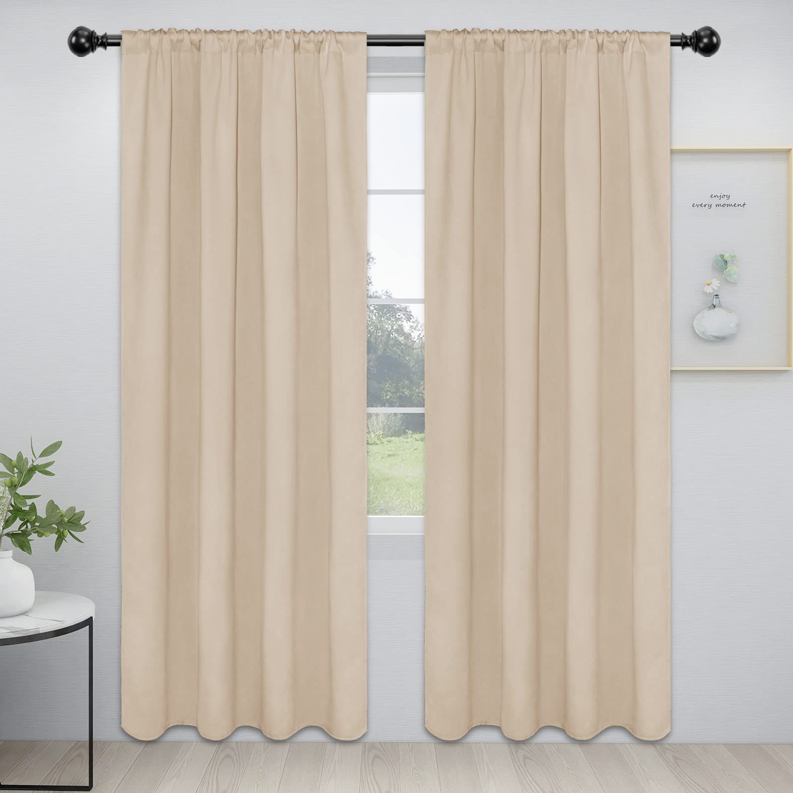Easy-Going Rod Pocket Blackout Curtains For Bedroom, Room Darkening Window Curtains For Living Room, Thermal Insulated Noise Reduction Solid Window Drapes, 2 Panels(42X84 In, Beige)