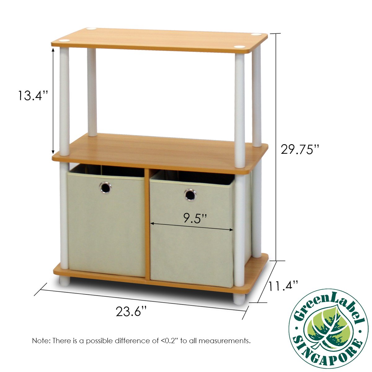 Furinno 99152 Go Green 3-Tier 2-Bin Multipurpose Storage Bookshelf (2, Beech/White/Ivory)