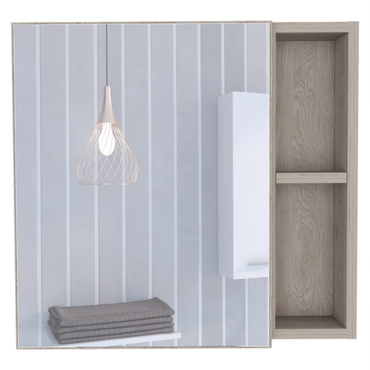 Queets Medicine Single Door Cabinet with Mirror, 2 Open Shelves, and 3 Inner Shelves, Light Gray