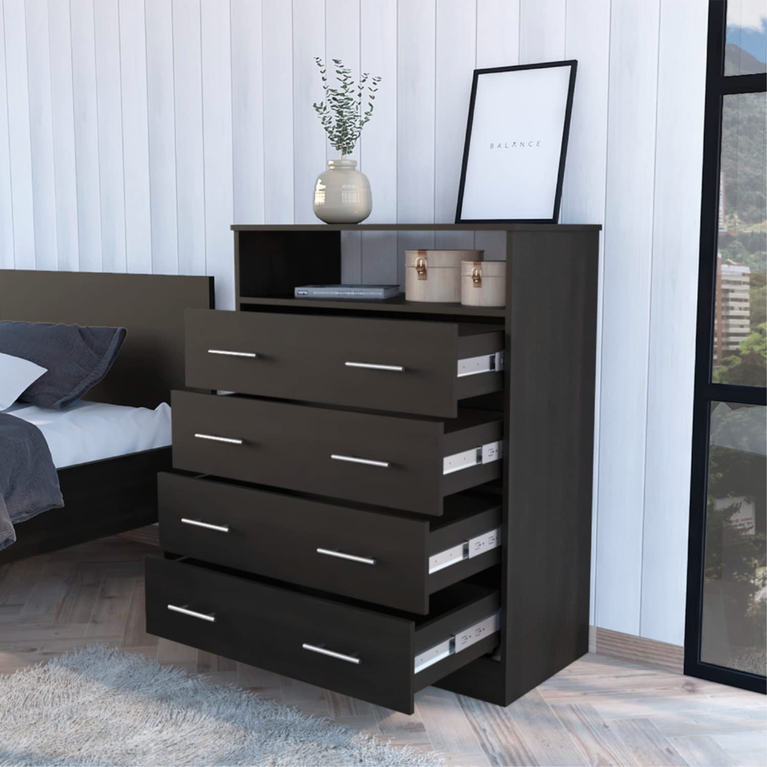 Serbian 4 Drawer Dresser With Open Shelf And Metal Handles, Black