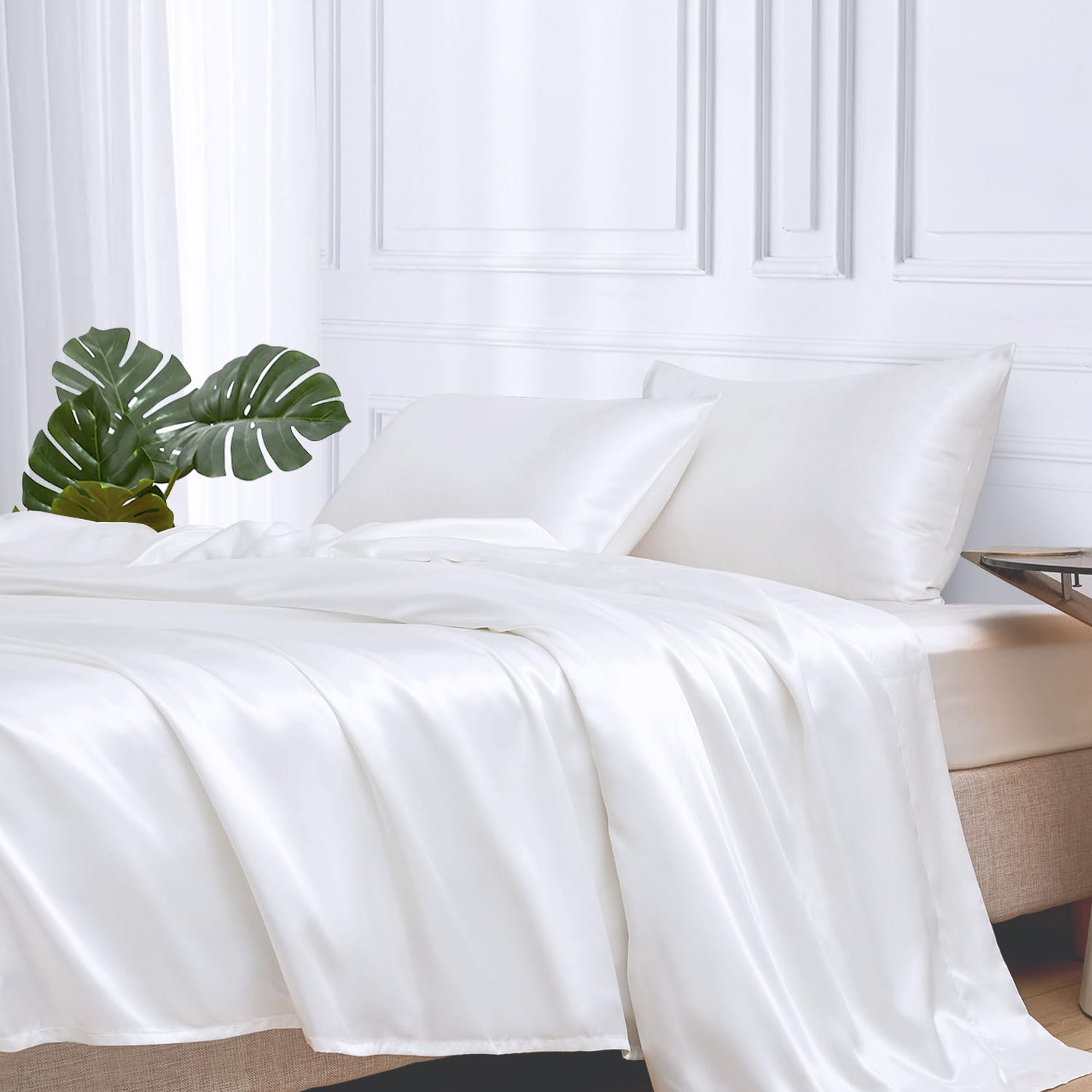 Mr&Hm Satin Bed Sheets, Twin Size Sheets Set, 3 Pcs Silky Bedding Set With 15 Inches Deep Pocket For Mattress (Twin, White)