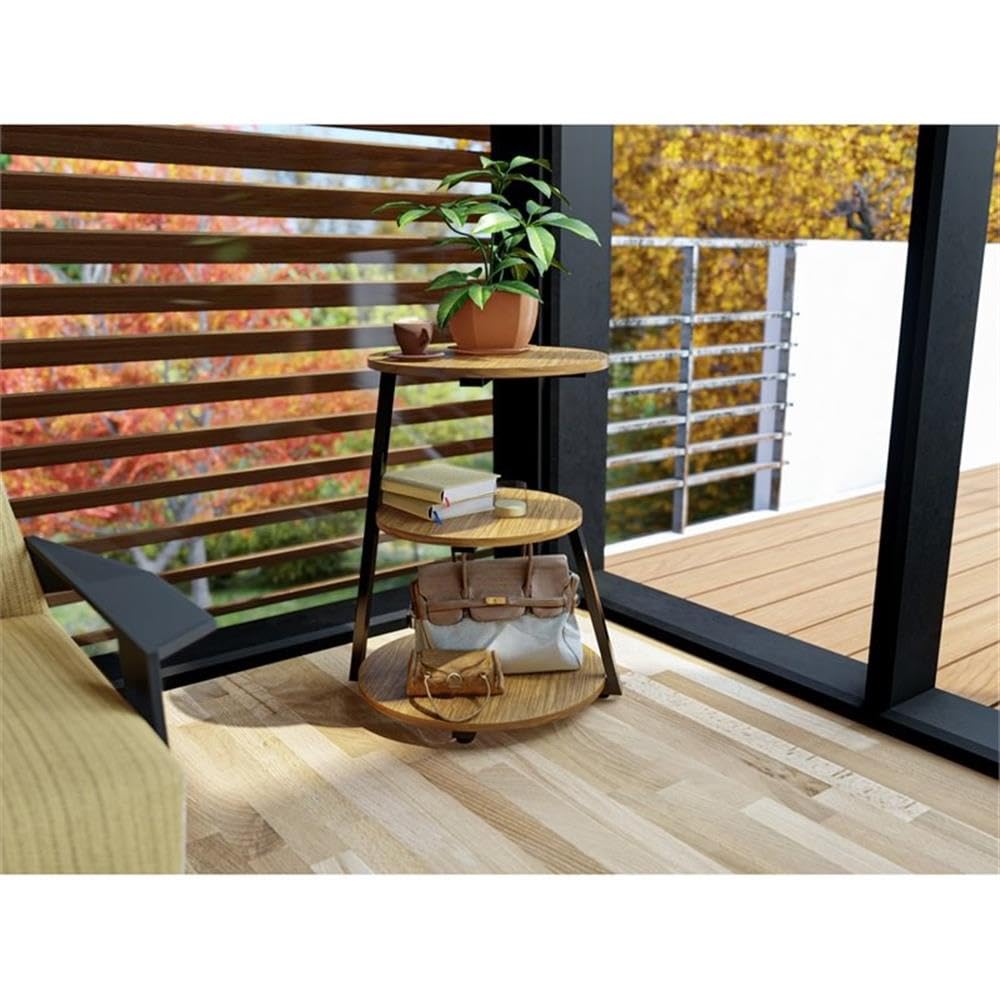 East West Furniture DCETB01 Driscoll Bedside End Table - Round Night Stand with 3 Tier for Living Room, 22 Inch Inch, Powder Coating Black Frame and Brown Wood Laminate Top