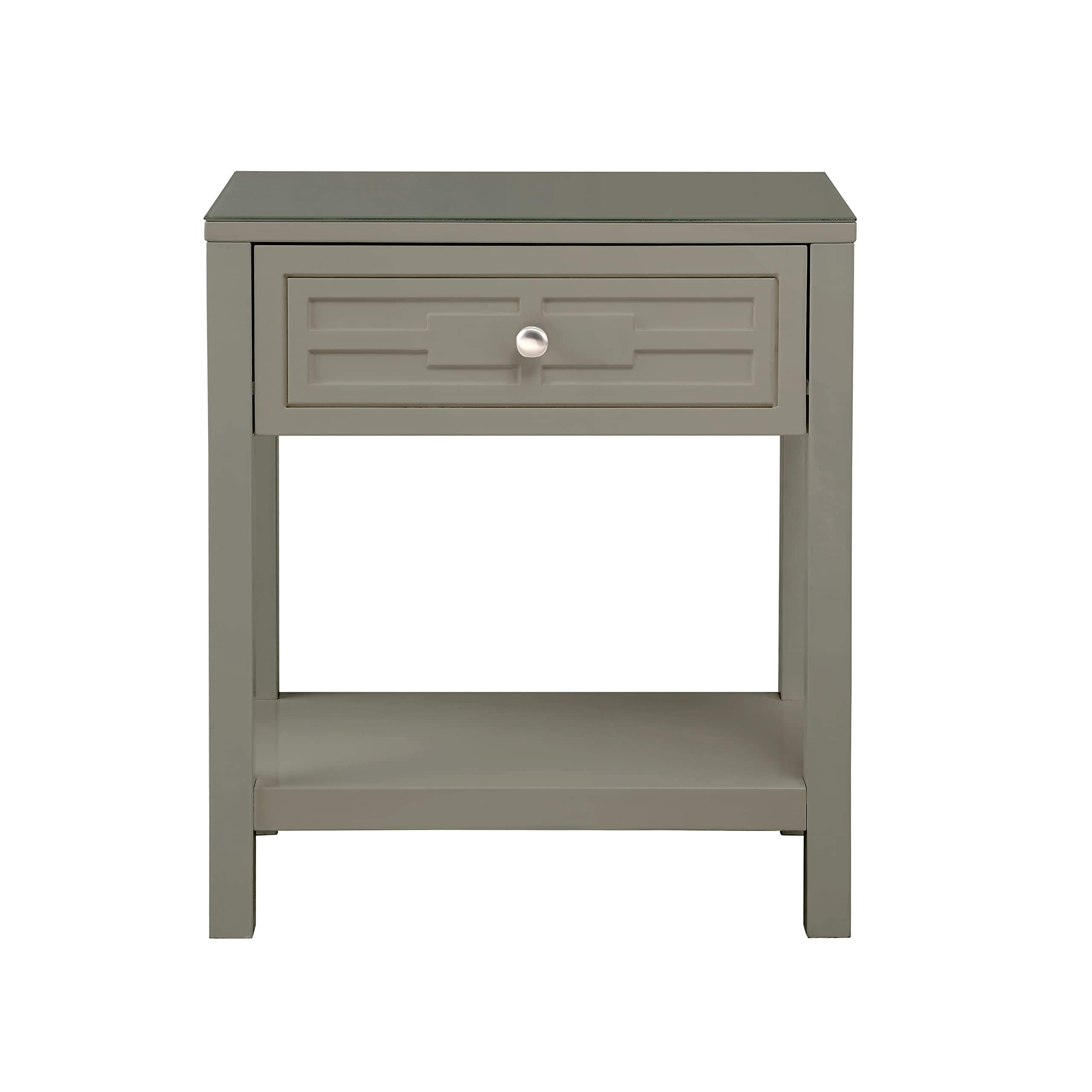 Lilola Home Dylan Taupe Wooden End Side Table Nightstand with Glass Top and Drawer