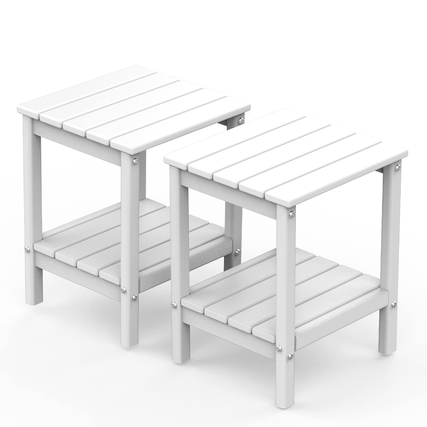 Greenvines Adirondack-Outdoor-Side-Table | Set Of 2 | 14 X 13 Inches | Hdpe Plastic | All Weather | White | Outside End Tables | Storage Shelf | For Patio Porch Backyard Indoor