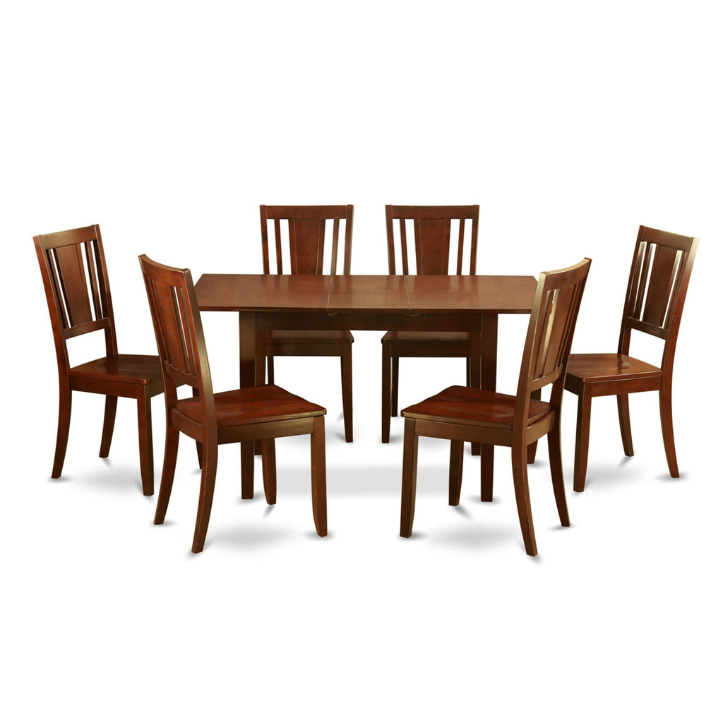 East West Furniture Norfolk 7 Piece Modern Set Consist of a Rectangle Wooden Table with Butterfly Leaf and 6 Dining Room Chairs, 32x54 Inch, Mahogany