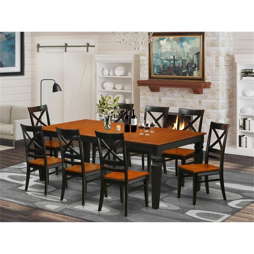 East West Furniture LGQU9-BCH-W 9 Piece Modern Dining Table Set Includes a Rectangle Wooden Table with Butterfly Leaf and 8 Kitchen Dining Chairs, 42x84 Inch, Black & Cherry