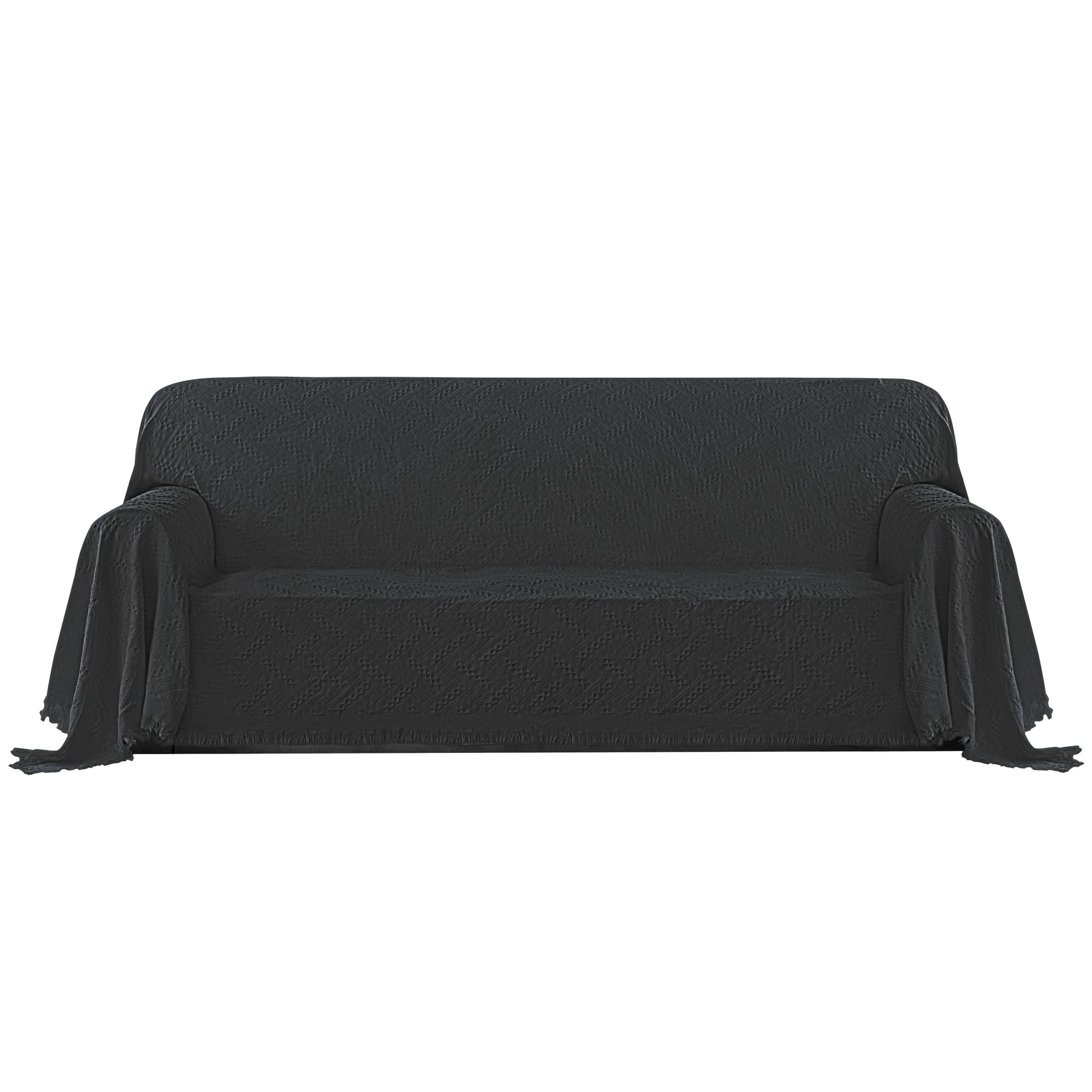 Purefit Geometric Jacquard Throw Sofa Cover - Textured Soft Washable Decorative Couch Covers For 3 Cushion Couch, Throw Cover With Tassels Furniture Protector For Pets, Kids (Large, Dark Gray)