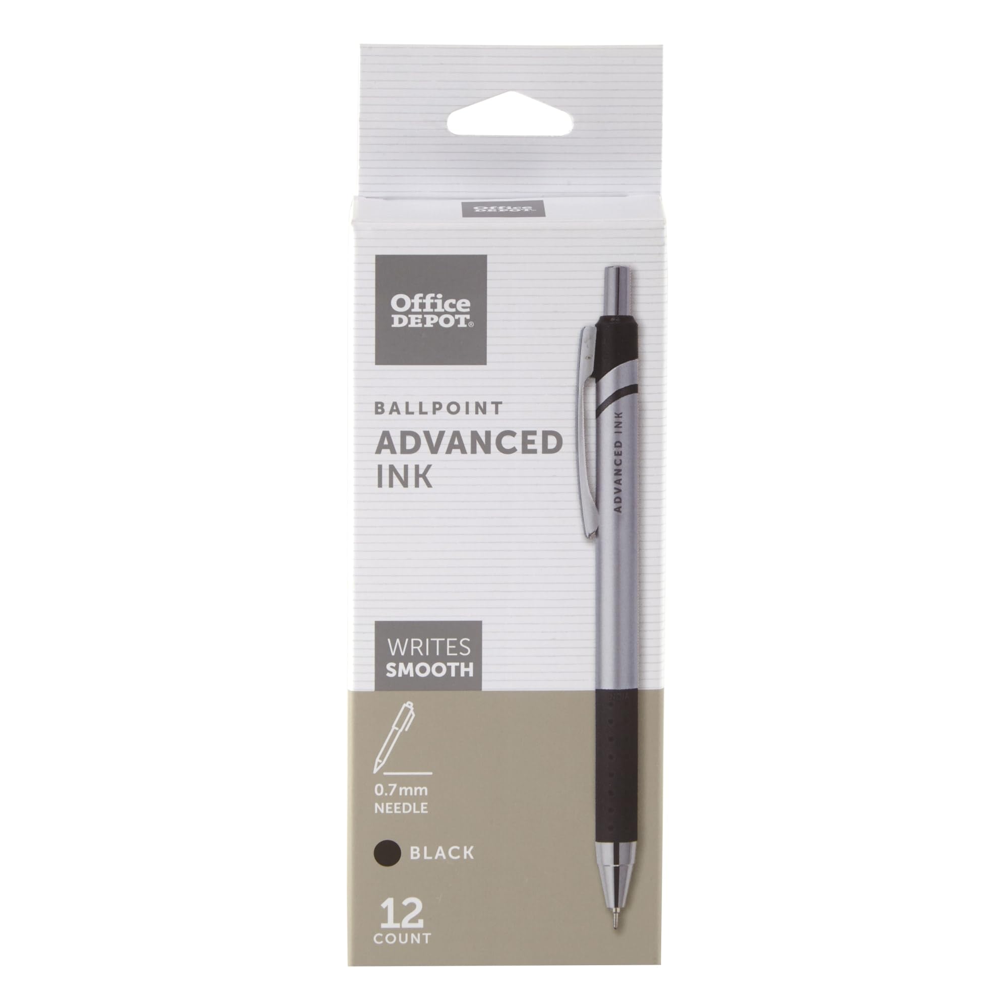 Office Depot Advanced Ink Retractable Ballpoint Pens, Needle Point, 0.7 Mm, Silver Barrel, Black Ink, Pack Of 12