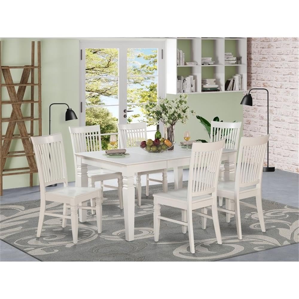 East West Furniture WEST7-WHI-W 7 Piece Kitchen Table & Chairs Set Consist of a Rectangle Dining Room Table with Butterfly Leaf and 6 Dining Chairs, 42x60 Inch, Linen White