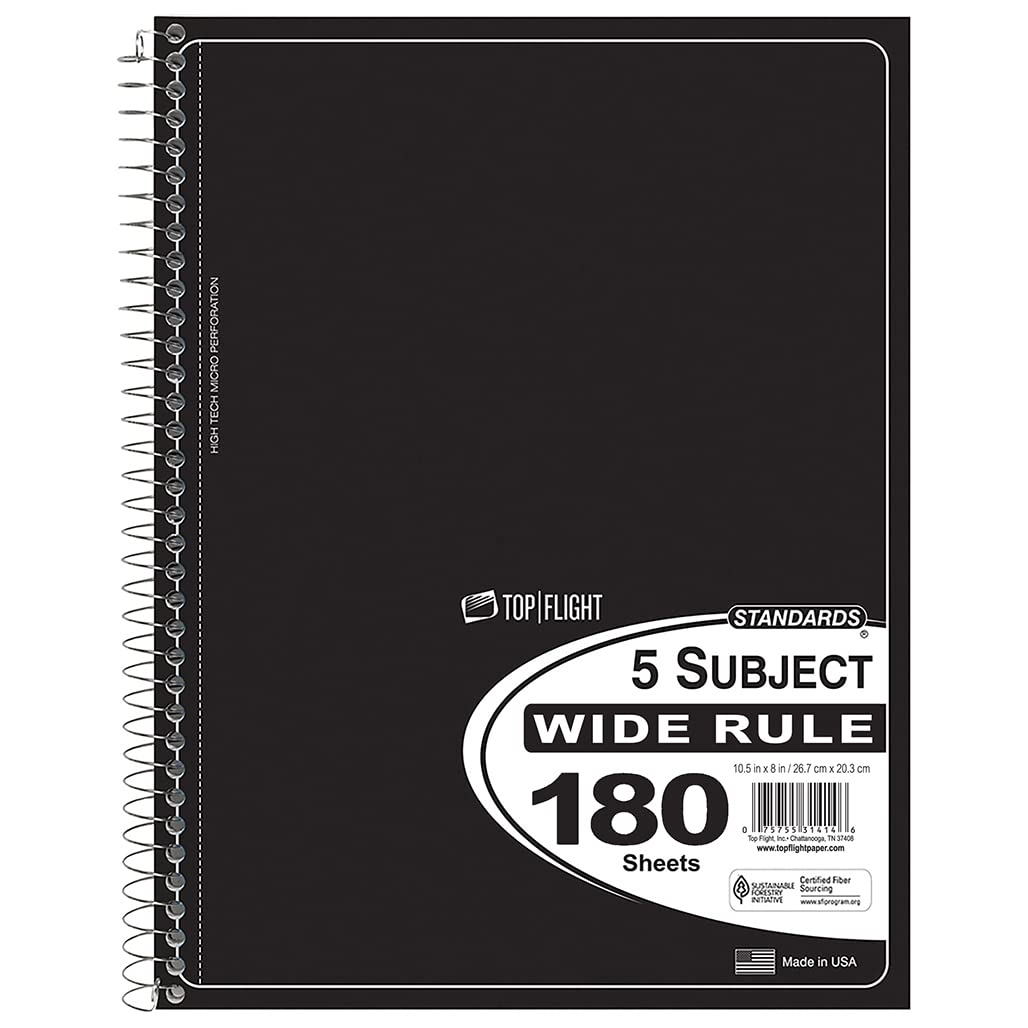 Top Flight Standards 5-Subject Wirebound Notebook, 180 Sheets, 3-Hole Punched, Wide Rule, 10.5 X 8 Inches, 1 Notebook, Color May