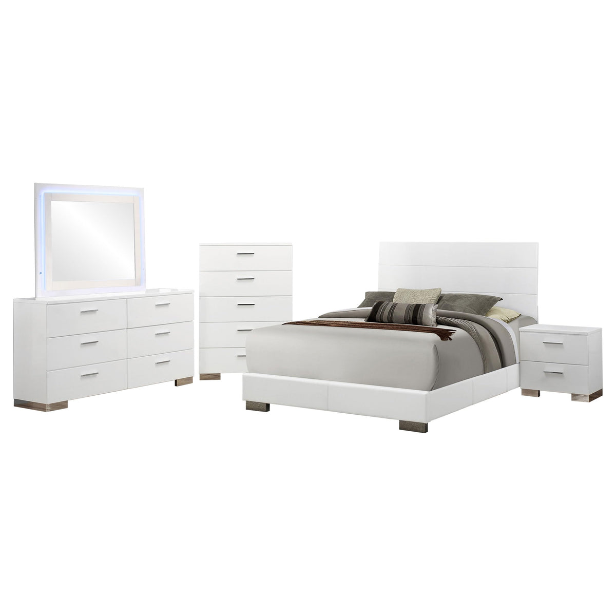 Coaster Home Furnishings Felicity Contemporary 5-Piece Bedroom Set California King Size Panel Bed Frame 51-Inch Headboard White High Gloss 203501Kw-S5L