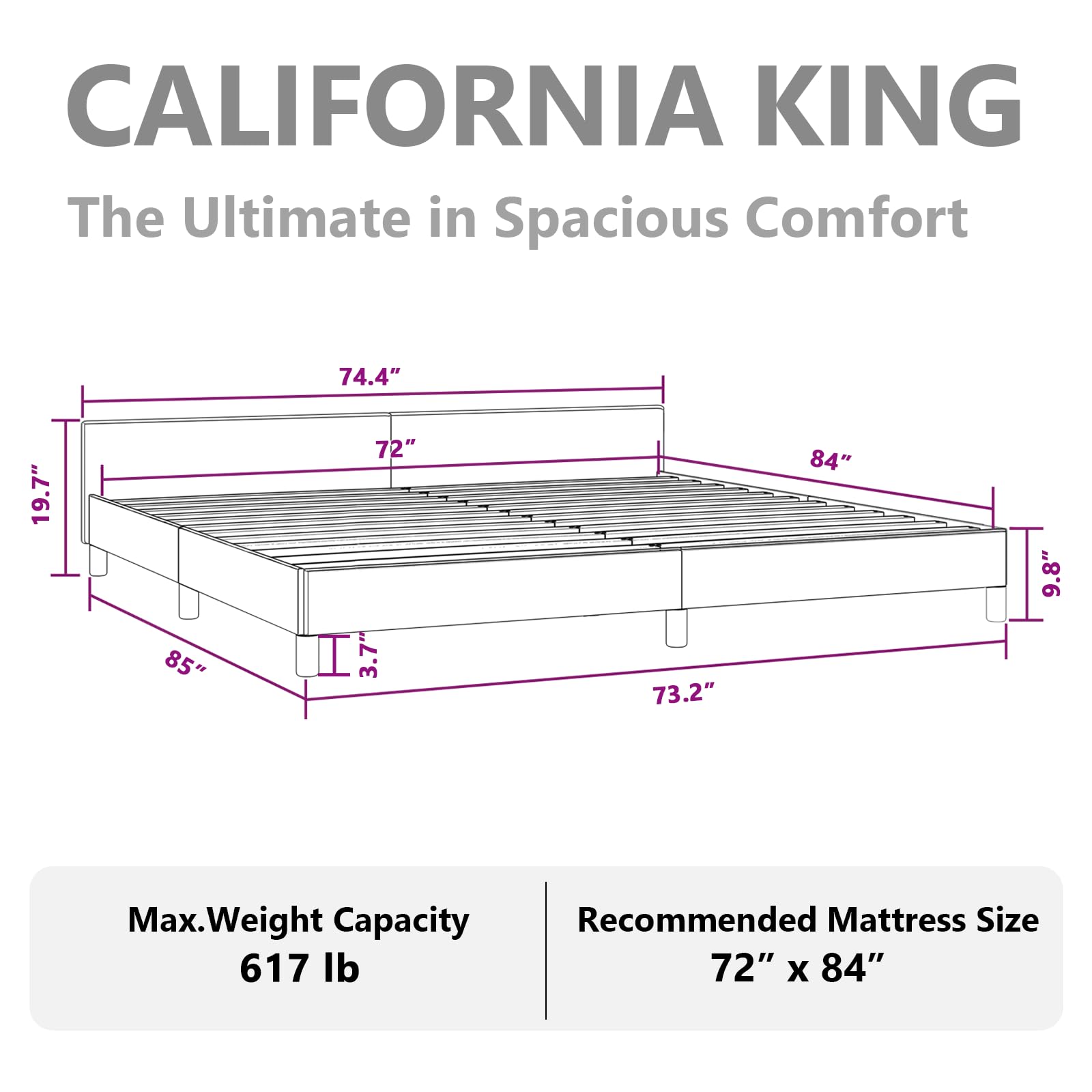 vidaXL Fabric Bed Frame Platform Bed, Scandinavian Style/Slats Support/No Box Spring Needed/Without Mattress/Easy Assembly, Light Grey California King Bed
