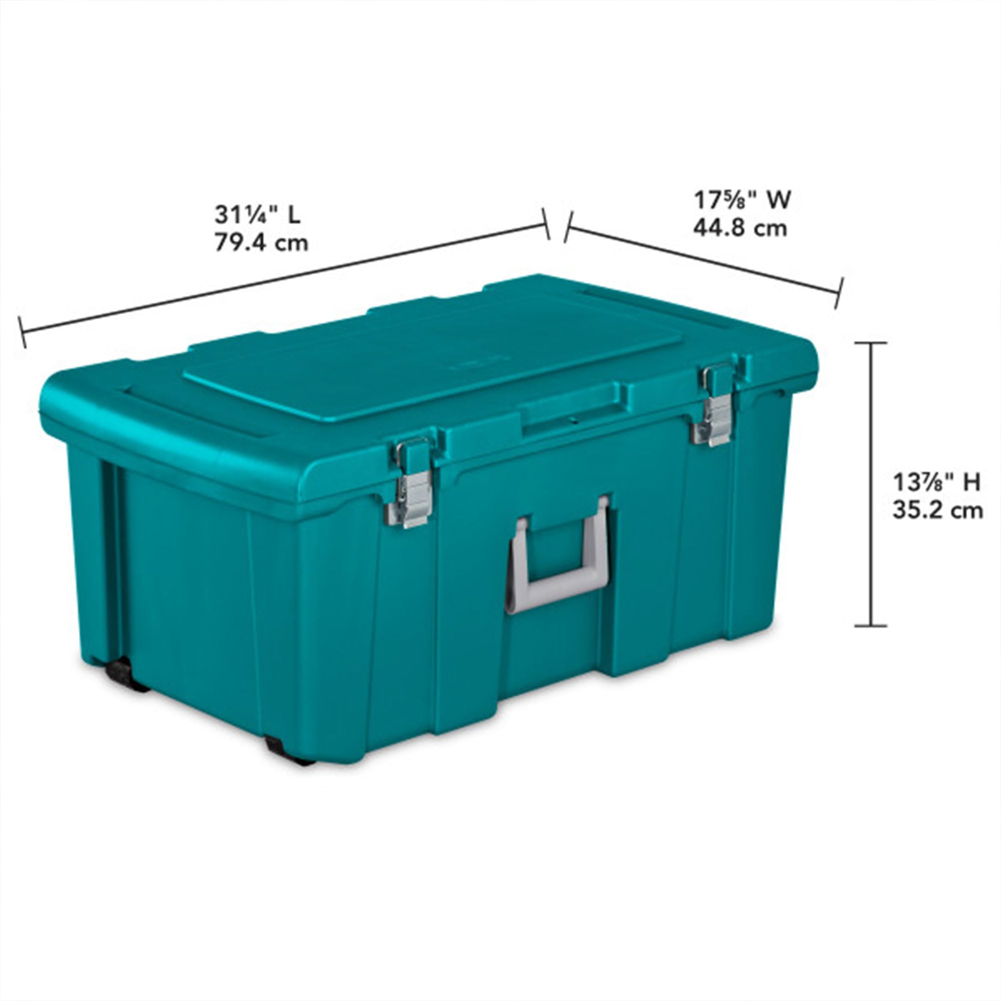 Sterilite 16 Gallon Lockable Storage Tote Footlocker Toolbox Container Box With Wheels, Metal Handles, And Latches, Teal With Gr