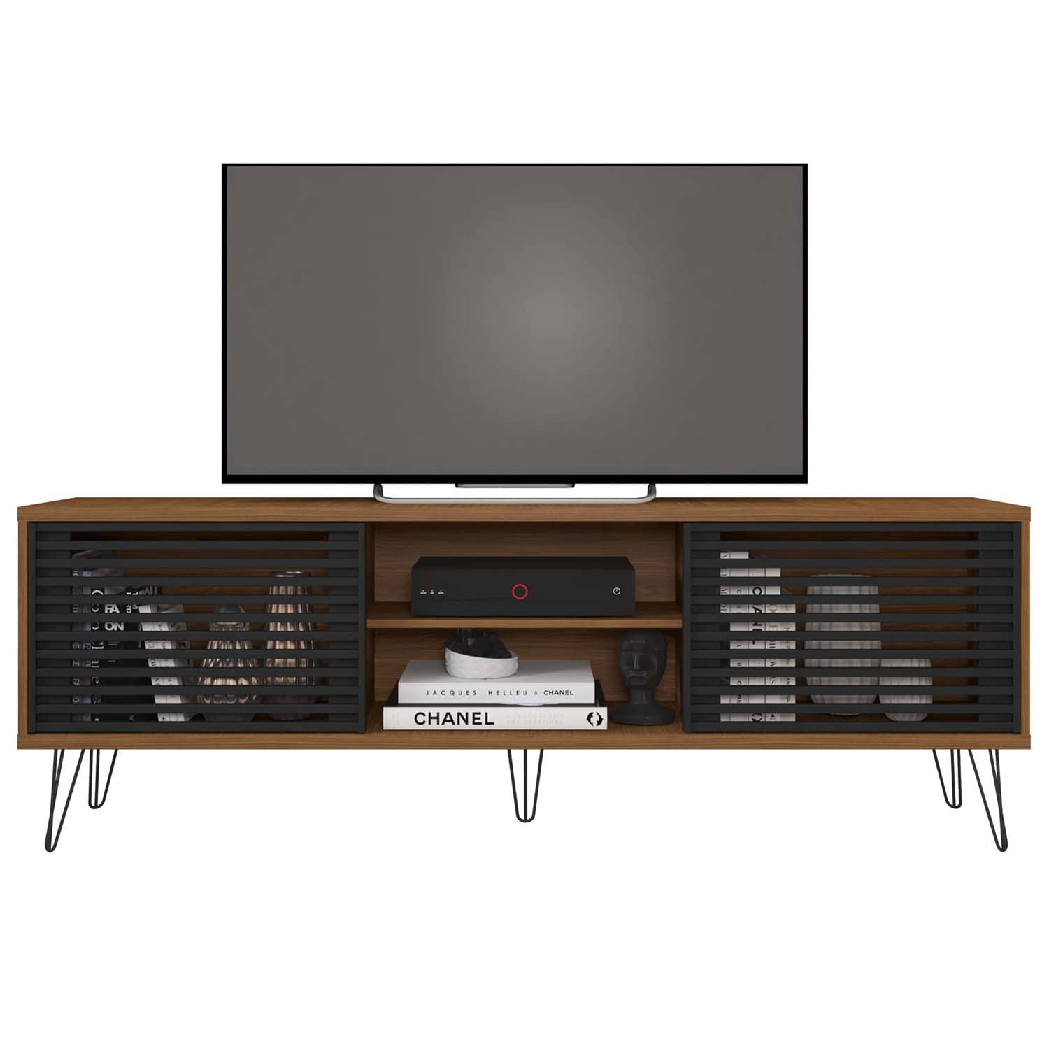 Better Home Products Frizz Mid-Century Modern Tv Stand For Up To 70 Inches Tv In Dark Walnut And Black/Easy Assembly