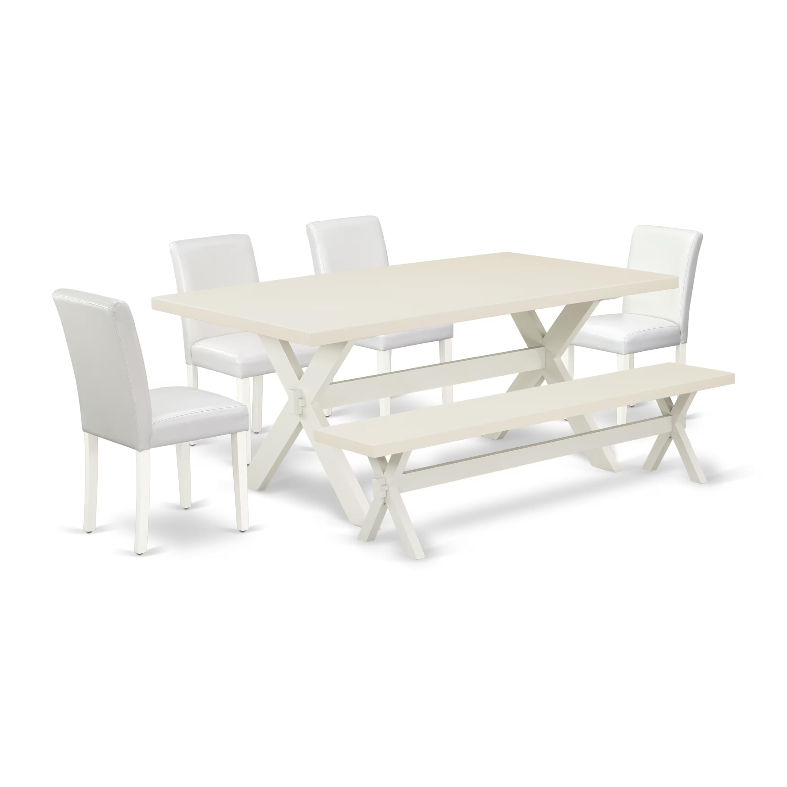 East West Furniture X027Ab264-6 6 Piece Dining Table Set Contains A Rectangle Kitchen Table With X-Legs And 4 White Faux Leather Upholstered Chairs With A Bench, 40X72 Inch, Multi-Color