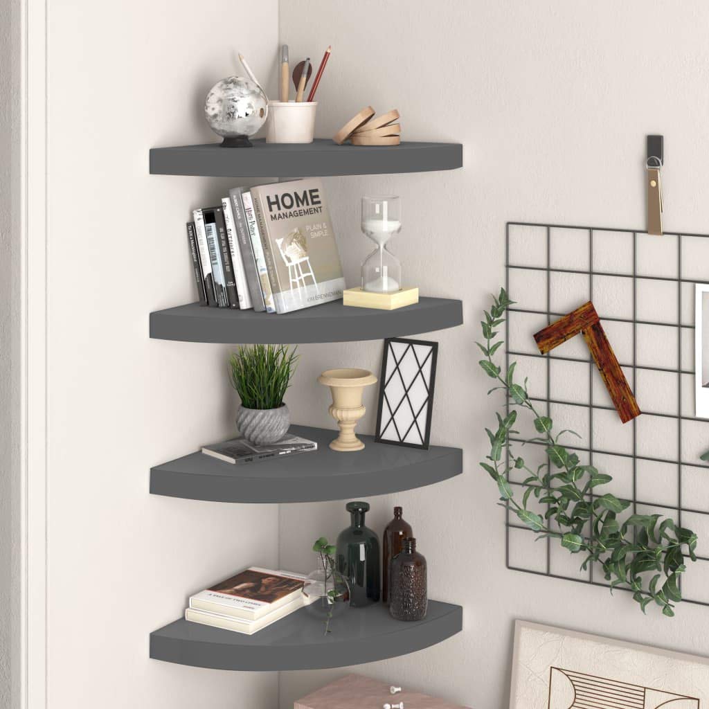 vidaXL Floating Corner Shelves - Set of 4 - High Gloss Gray - Honeycomb MDF & Metal - Wall Mounted Display Shelf - 13.8&quot;x13.8&quot;x1.5&quot; with Invisible Mounting System