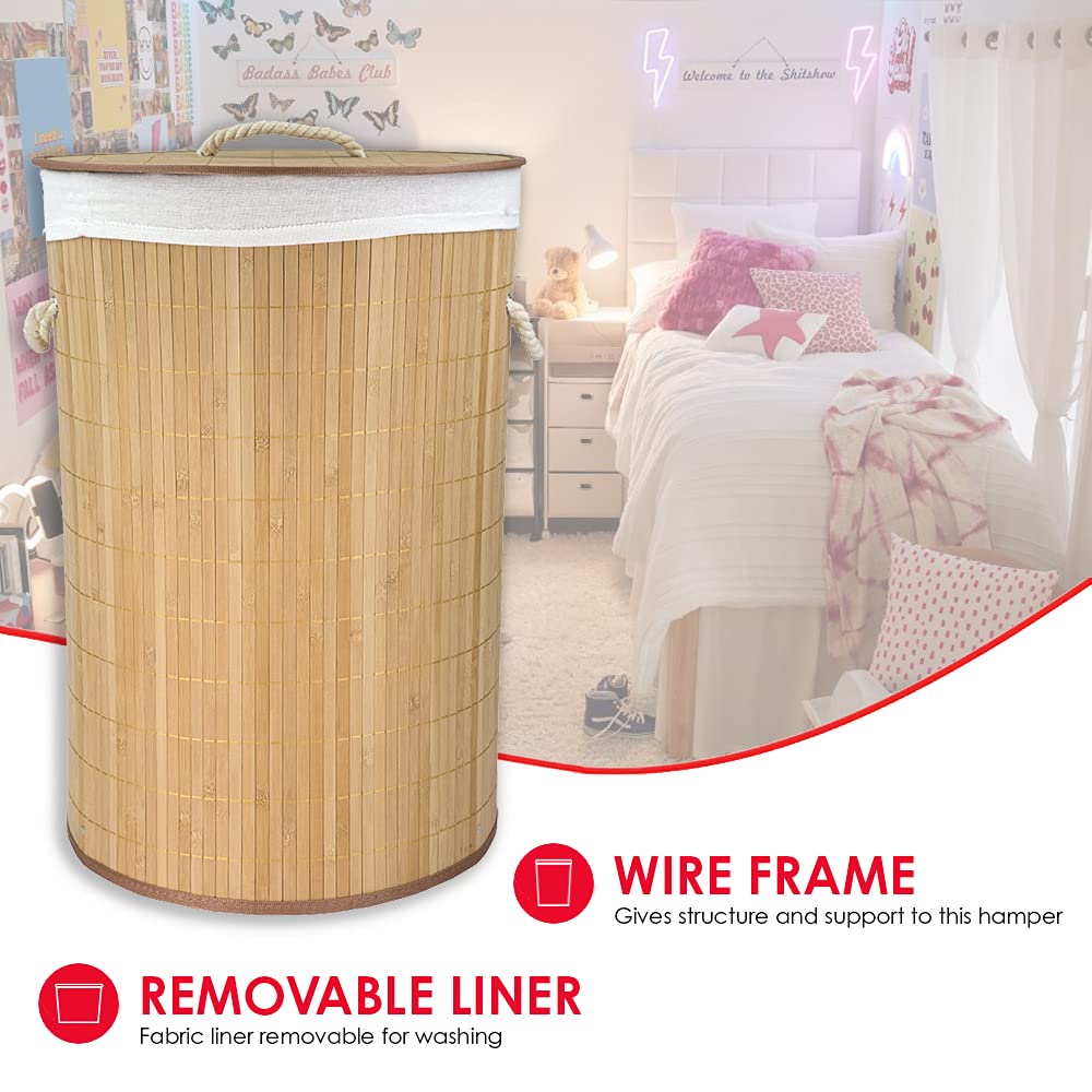 Home Basics Foldable Bamboo Laundry Basket Hamper (Round, Natural)