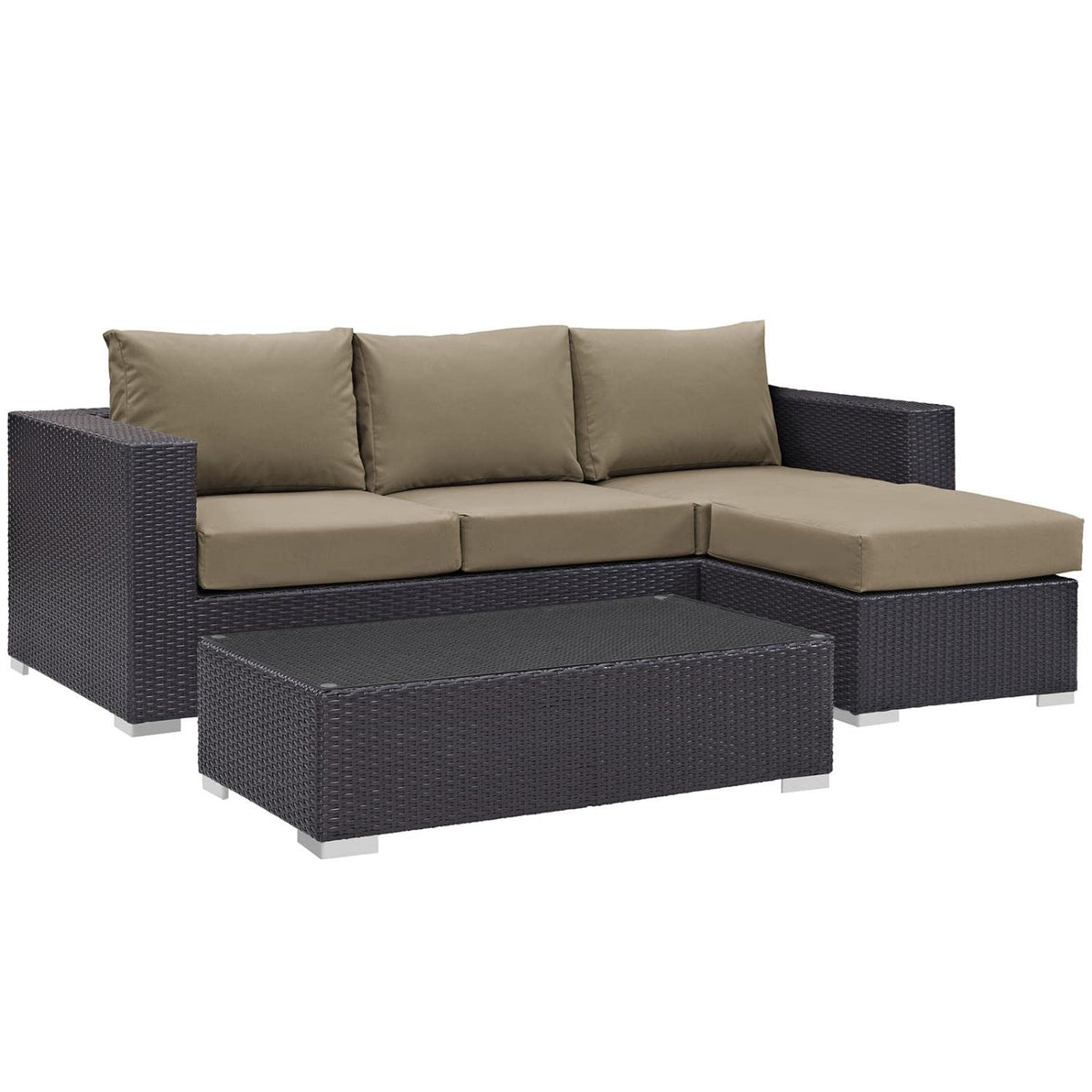 Modway Convene Wicker Rattan 3-Piece Outdoor Patio Furniture Sofa Set In Espresso Mocha