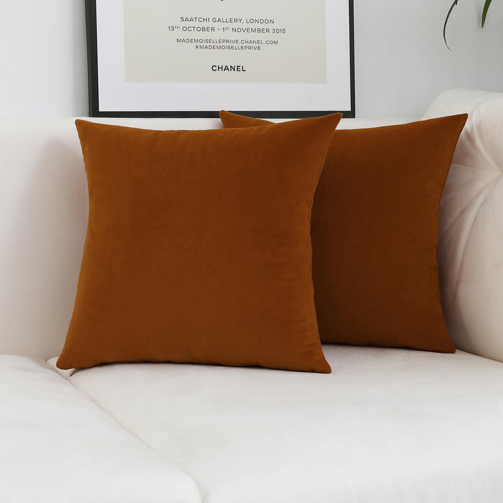 Jeneoo Set Of 2 Decorative Rust Throw Pillow Covers Soft Velvet Comfy Solid Couch Cushion Cover Decor (Dark Orange,18 X 18 Inche