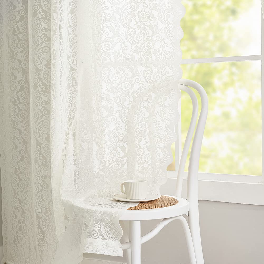 Ivory Lace Curtains 96 Inches Long- Antique Country Lace Sheer Curtains Boho Style Paisley Floral Window Panel For Old Home Set