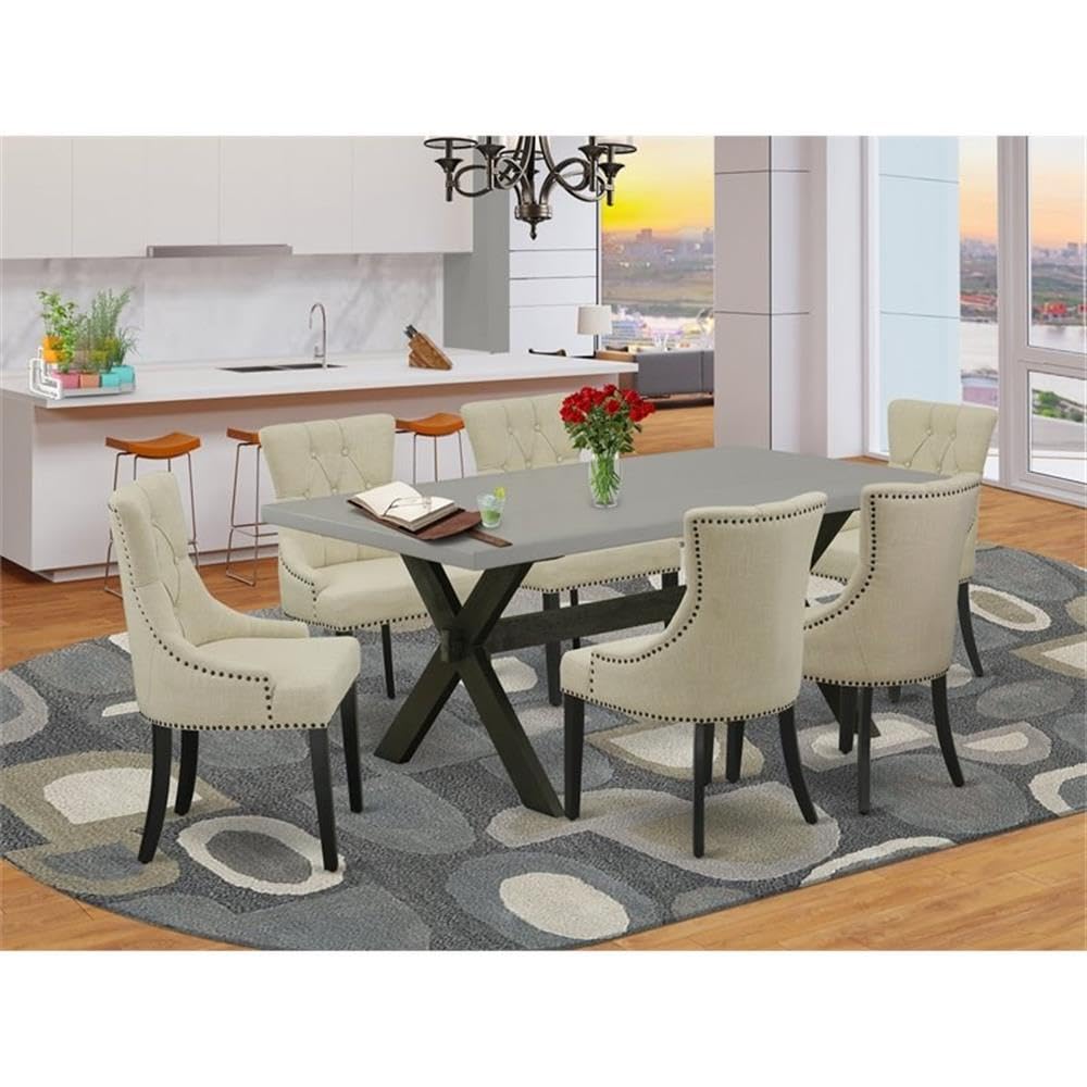 East West Furniture X697Fr102-7 7 Piece Dinette Set Consist Of A Rectangle Dining Room Table With X-Legs And 6 Light Beige Linen Fabric Parson Dining Chairs, 40X72 Inch, Multi-Color