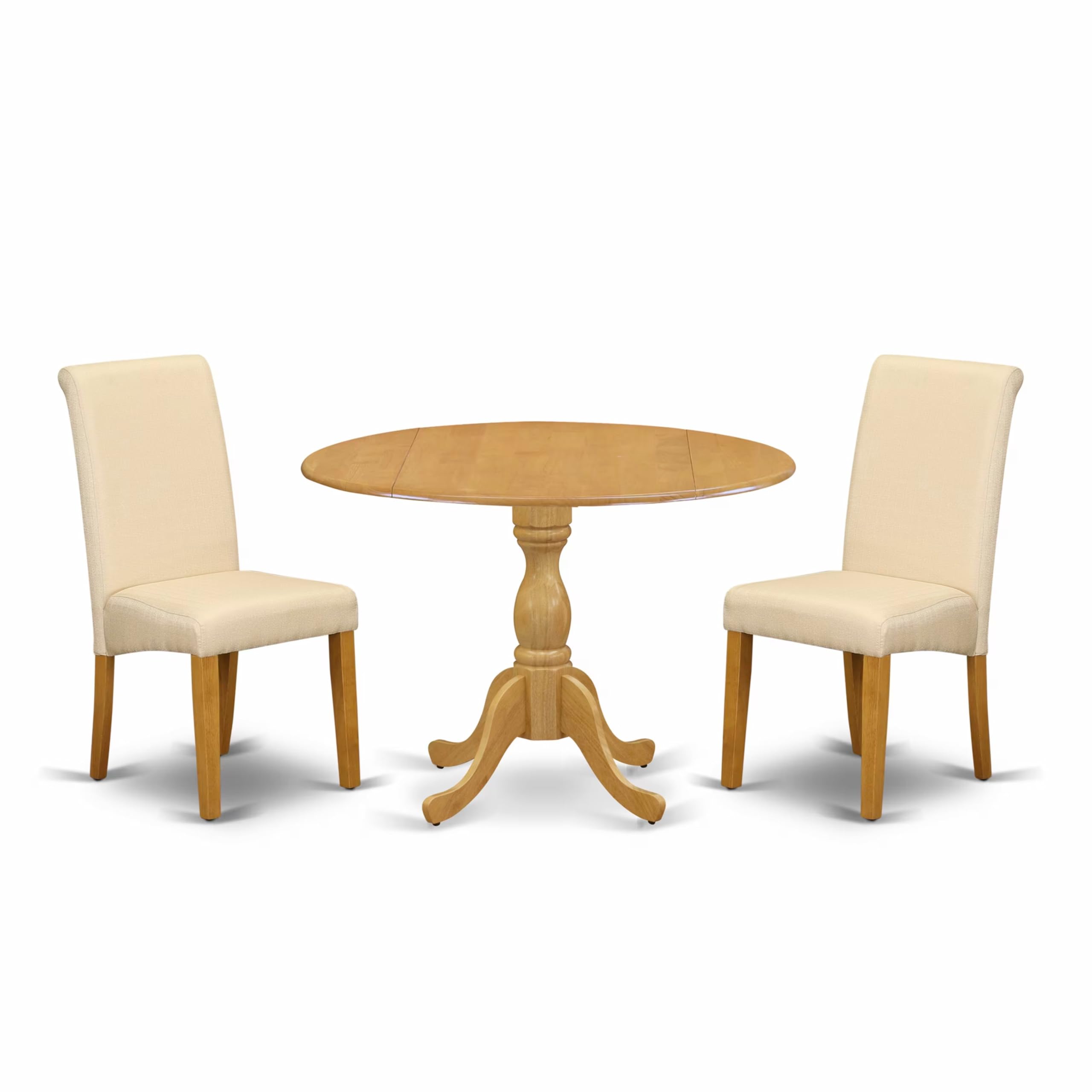 East West Furniture DMBA3-OAK-02 3 Piece Dining Room Table Set Contains a Round Kitchen Table with Dropleaf and 2 Light Beige Linen Fabric Parson Dining Chairs, 42x42 Inch, Oak